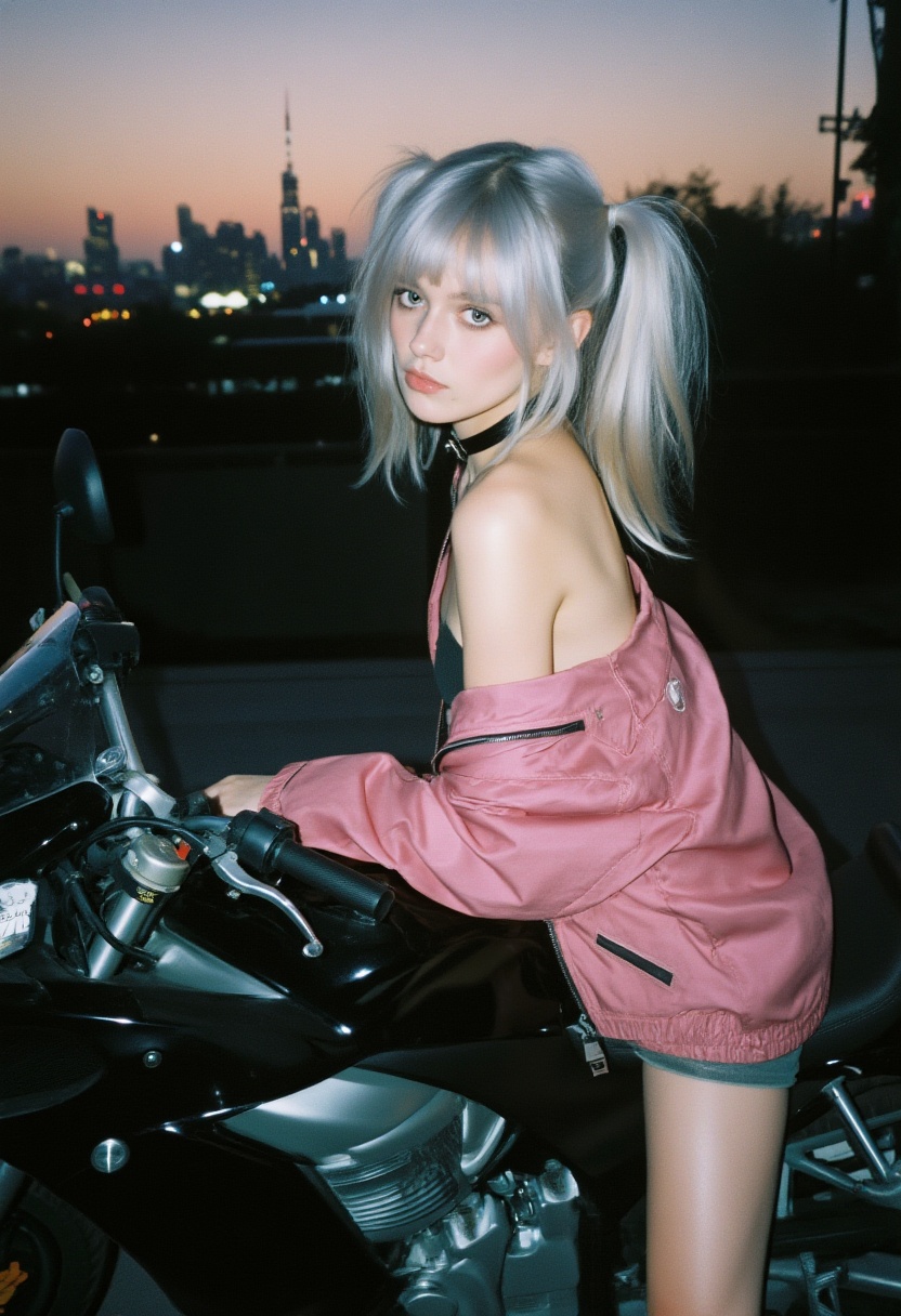 A grainy,  atmospheric vintage night photograph of lii_g1rl posing on a black motorcycle. She has her silver hair tied in...