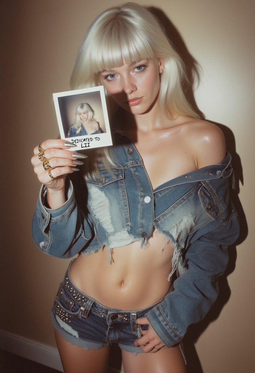 A nostalgic 1990s high-fashion studio photograph of lii_g1rl. She has long platinum blonde hair with thick,  straight-cut...