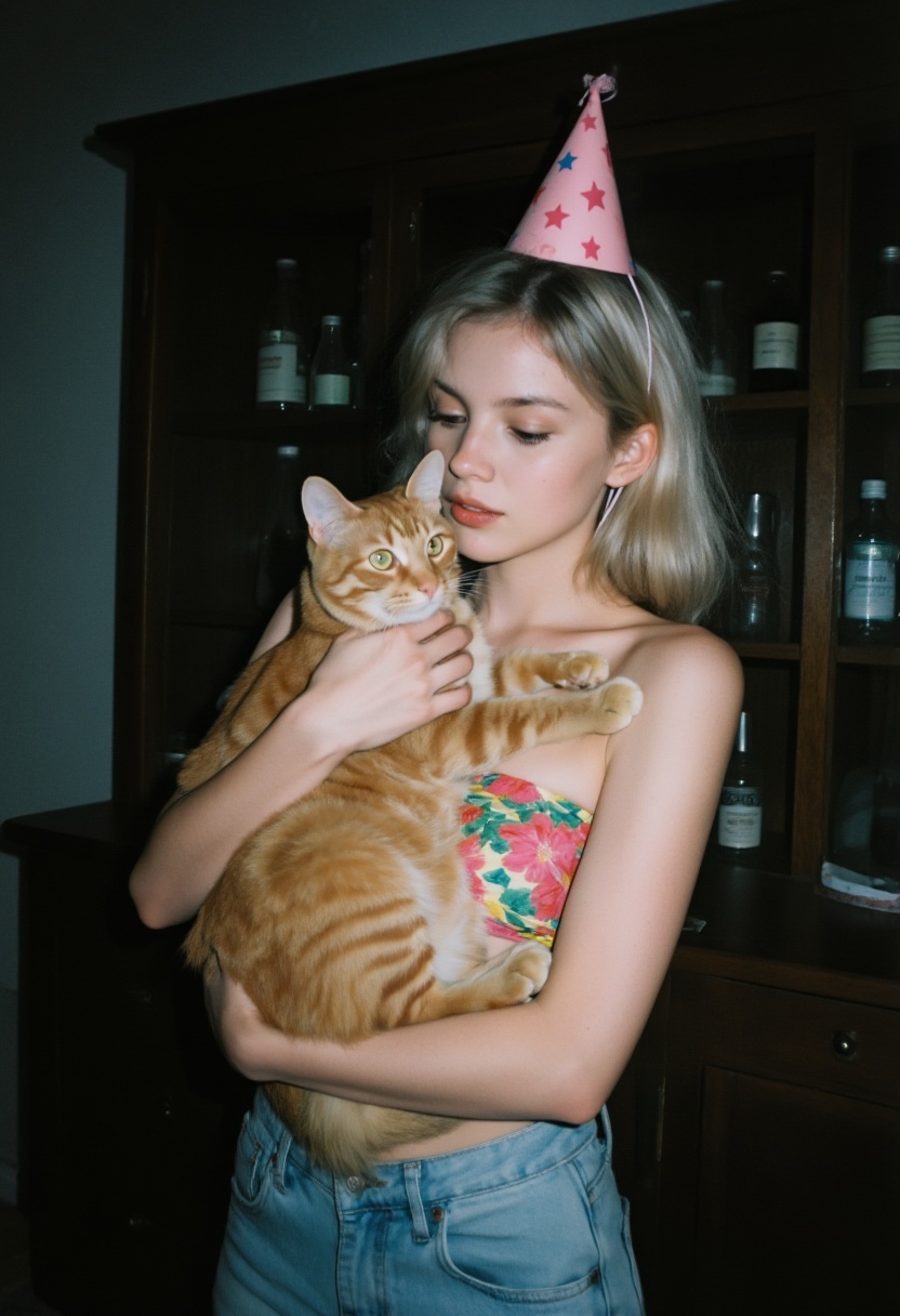 lii_g1rl holding a large orange tabby cat in her arms,  looking down at the cat. She is wearing a colorful floral bandeau...