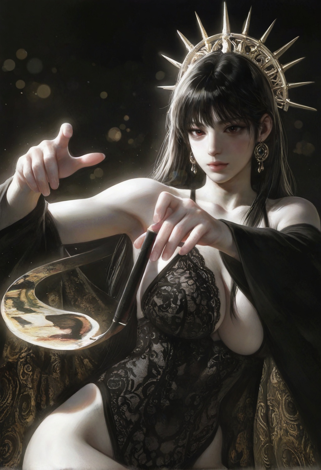 The image depicts a character with long black hair adorned with intricate,  metallic,  spiked headgear. The character has...