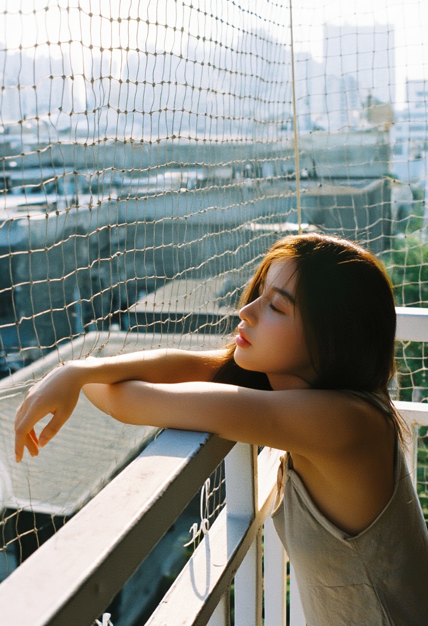 Aesthetic photography focusing on a sun-drenched balcony scene. A young woman leans against a white metal railing,  skin g...