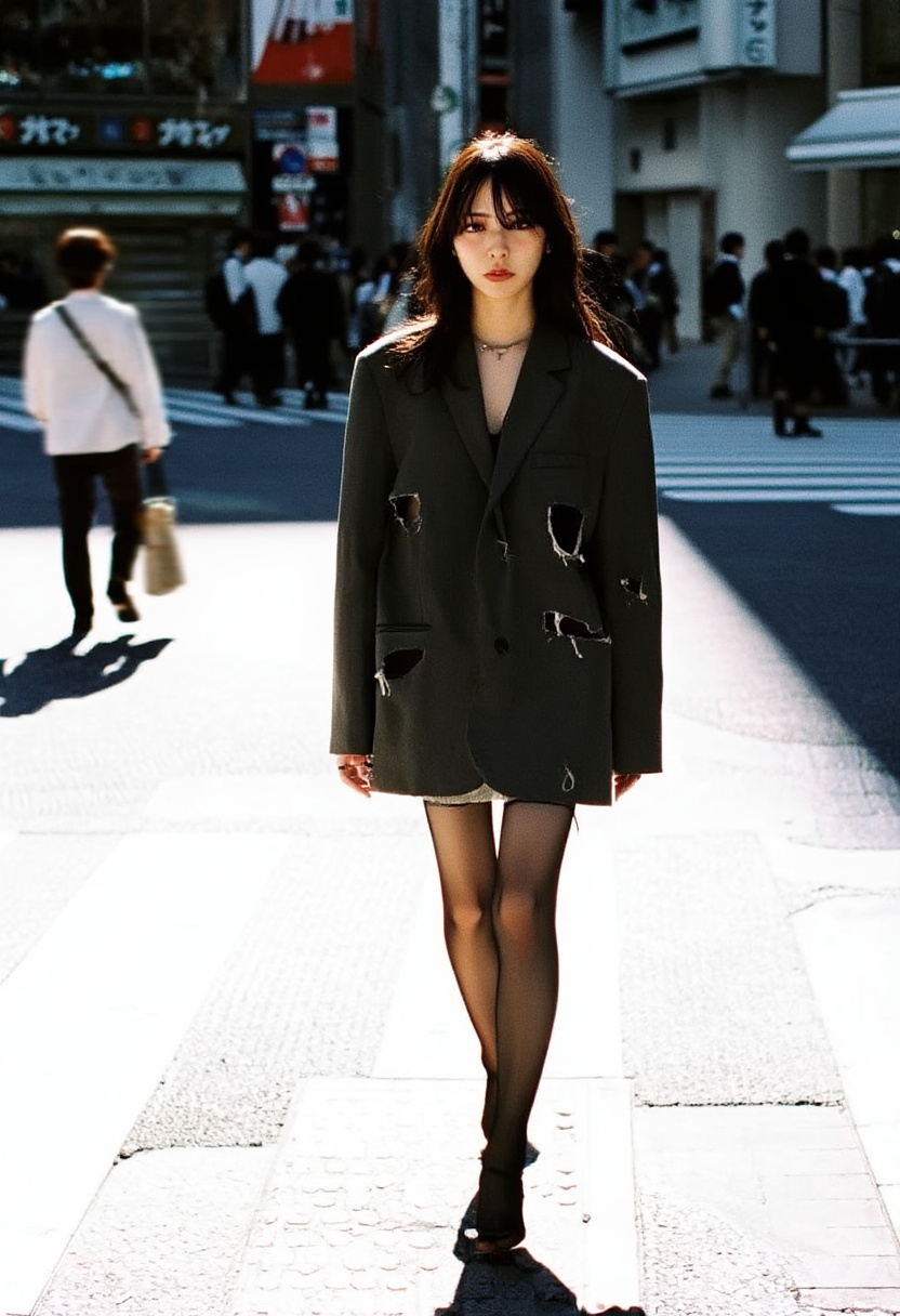Aesthetic photography of a stylish Japanese woman walking through a sun-drenched Shibuya crossing. She is wearing an overs...