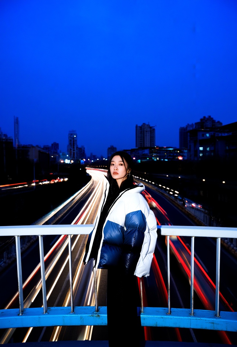 Aesthetic photography of a Chinese woman standing on a pedestrian overpass during the "blue hour." Below her,  the streaks...
