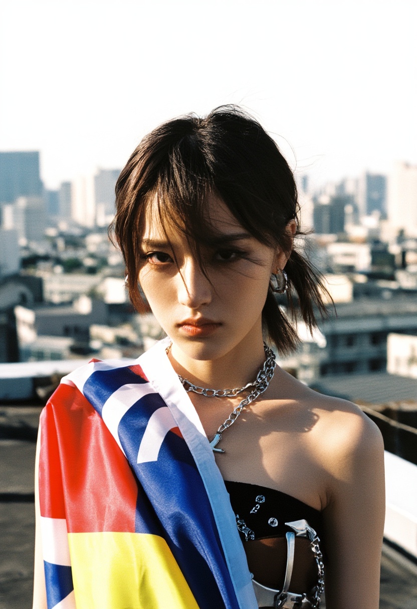 Aesthetic photography featuring a cinematic lo-fi portrait of a girl on a rooftop. Hard sunlight creates sharp shadows acr...
