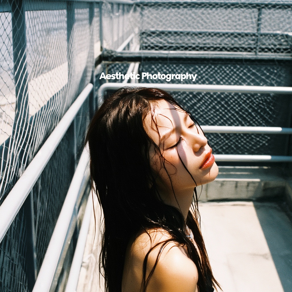 vinnette aesthetic photography depicting a cool,  nonchalant girl on a high-rise. She is drenched in sunlight,  eyes shut...