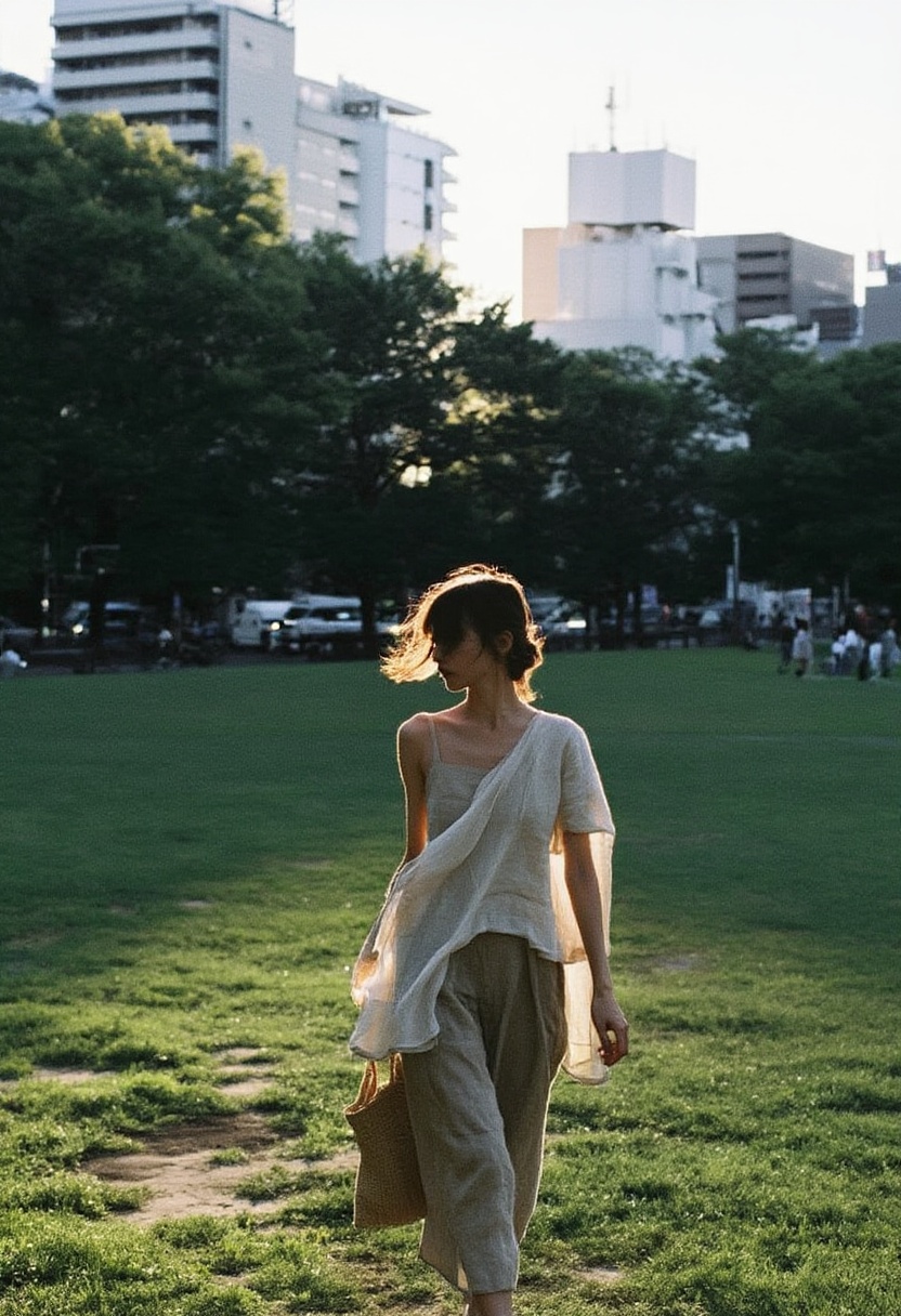 Aesthetic photography of a woman walking through a park in Osaka during the afternoon. The sun creates a "rim light" effec...
