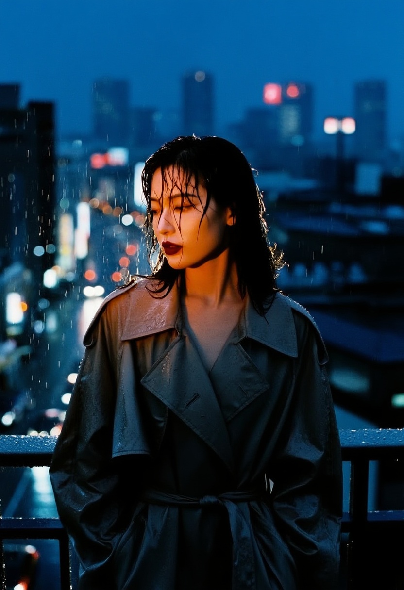 Aesthetic photography of a woman standing on a rainy Tokyo balcony at night. The city lights are blurred into a soft bokeh...