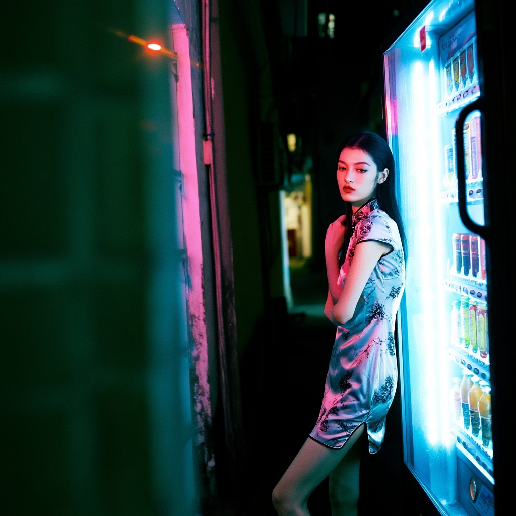 Aesthetic photography of a Chinese model leaning against a neon-lit vending machine in a narrow Shanghai alleyway at night...