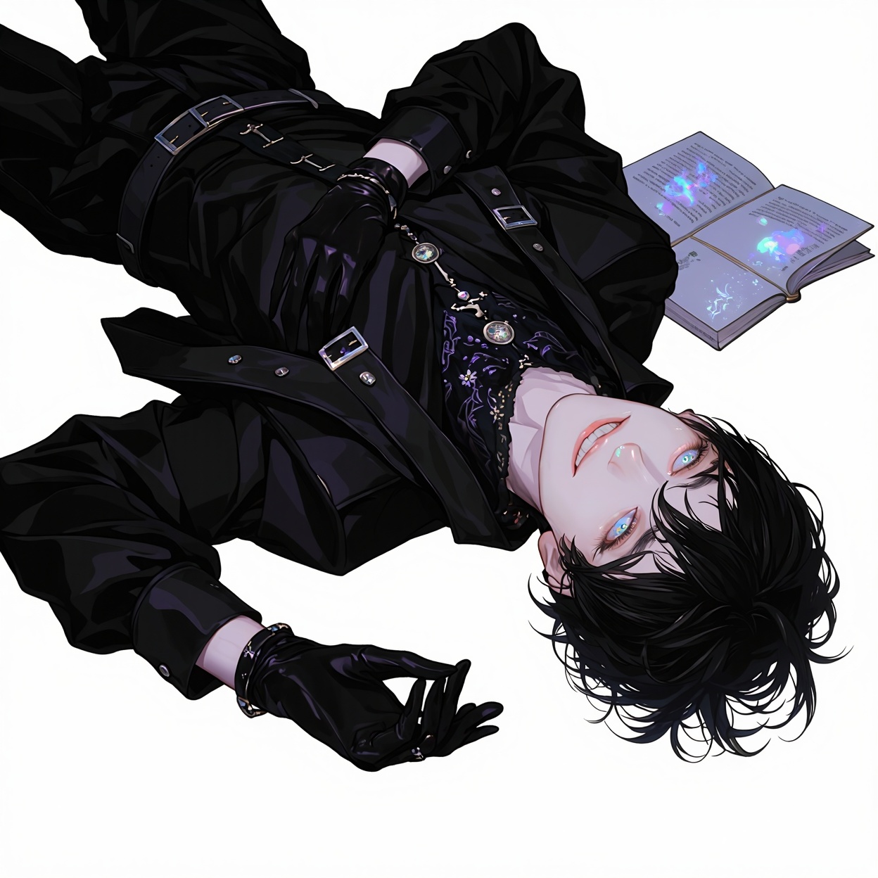 Create an illustration with exquisite lighting and composition. The image depicts a person lying down in a relaxed pose,...
