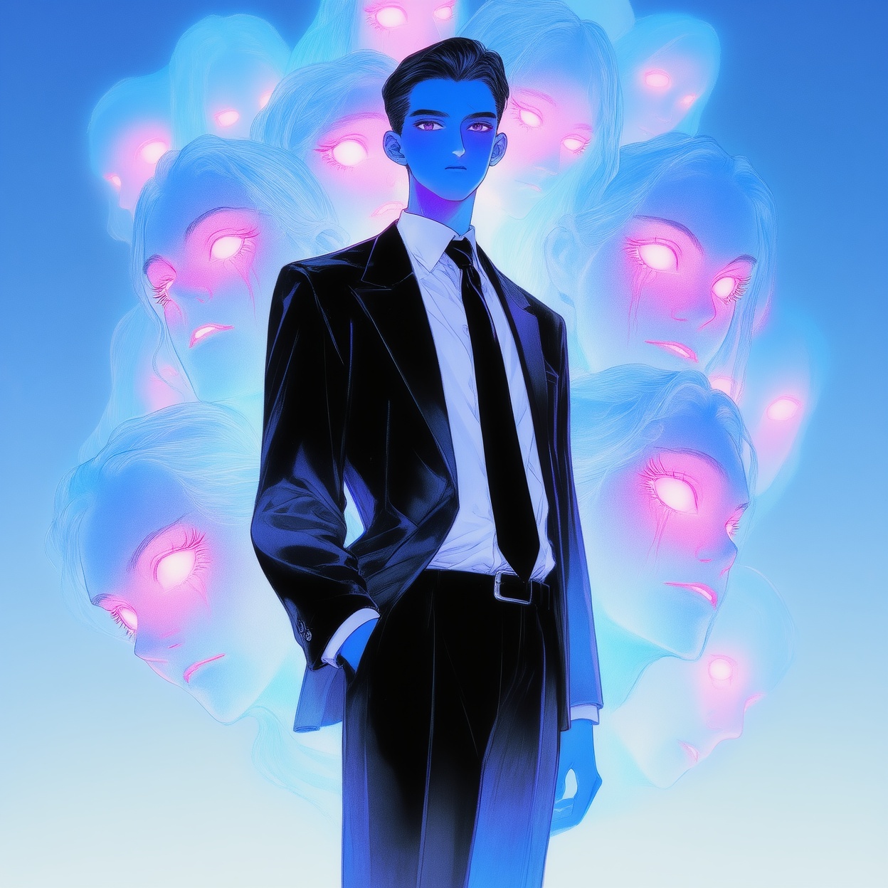 Create an illustration sketch with exquisite lighting and composition. The image depicts a man dressed in a black suit wit...