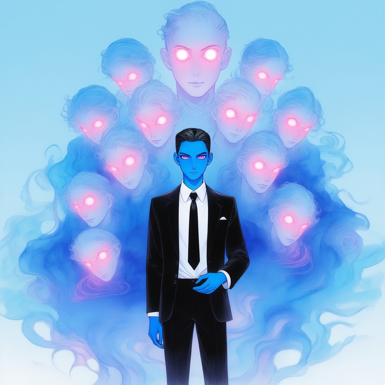 Create an illustration sketch with exquisite lighting and composition. The image depicts a man dressed in a black suit wit...