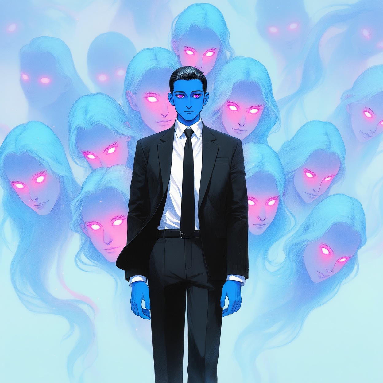 Create an illustration sketch with exquisite lighting and composition. The image depicts a man dressed in a black suit wit...
