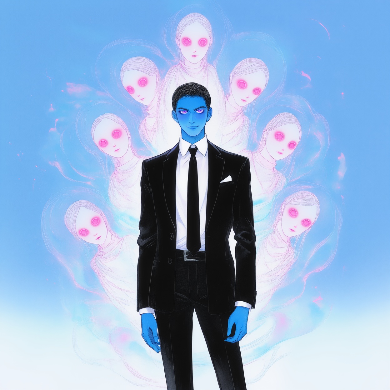 Create an illustration sketch with exquisite lighting and composition. The image depicts a man dressed in a black suit wit...