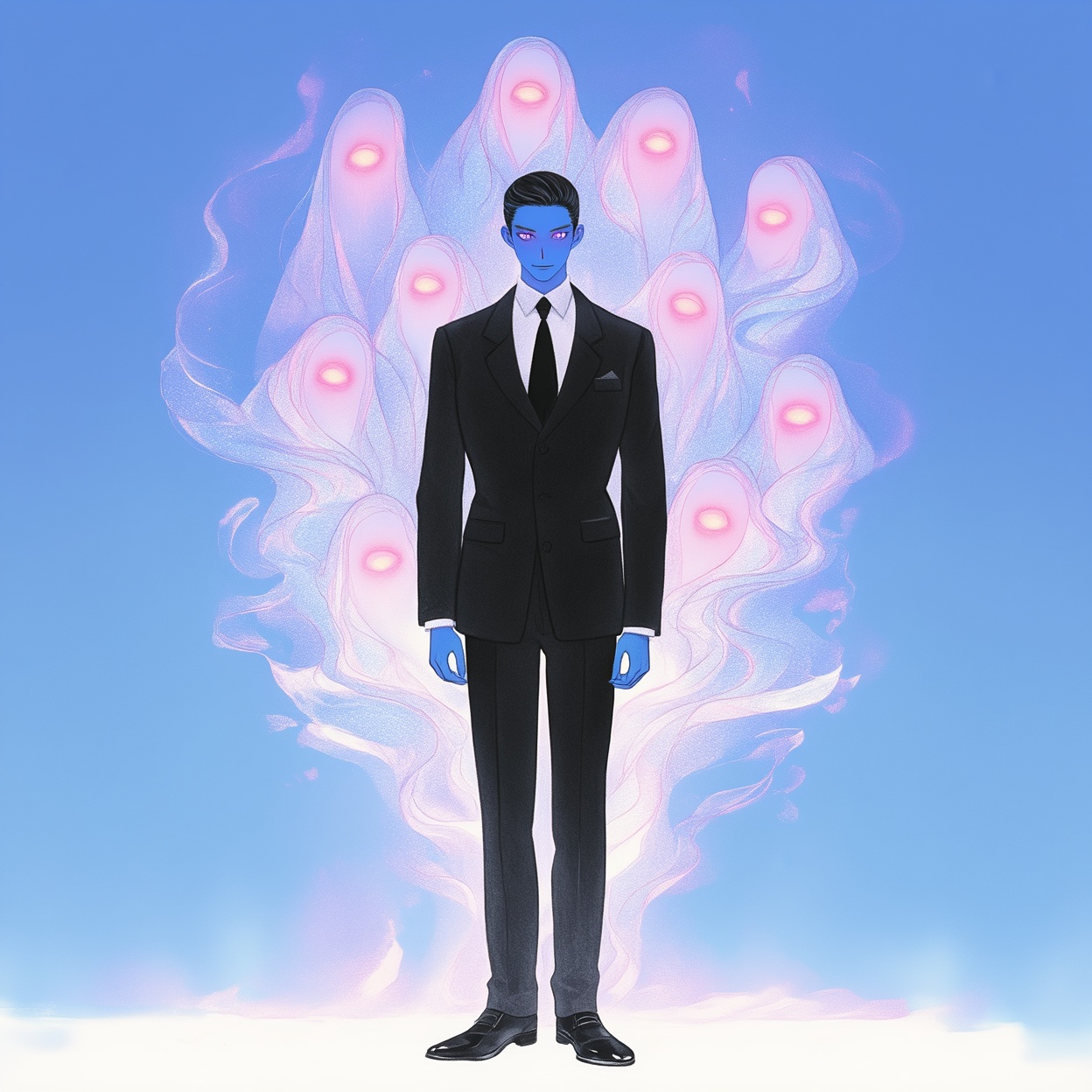 Create an illustration sketch with exquisite lighting and composition. The image depicts a man dressed in a black suit wit...