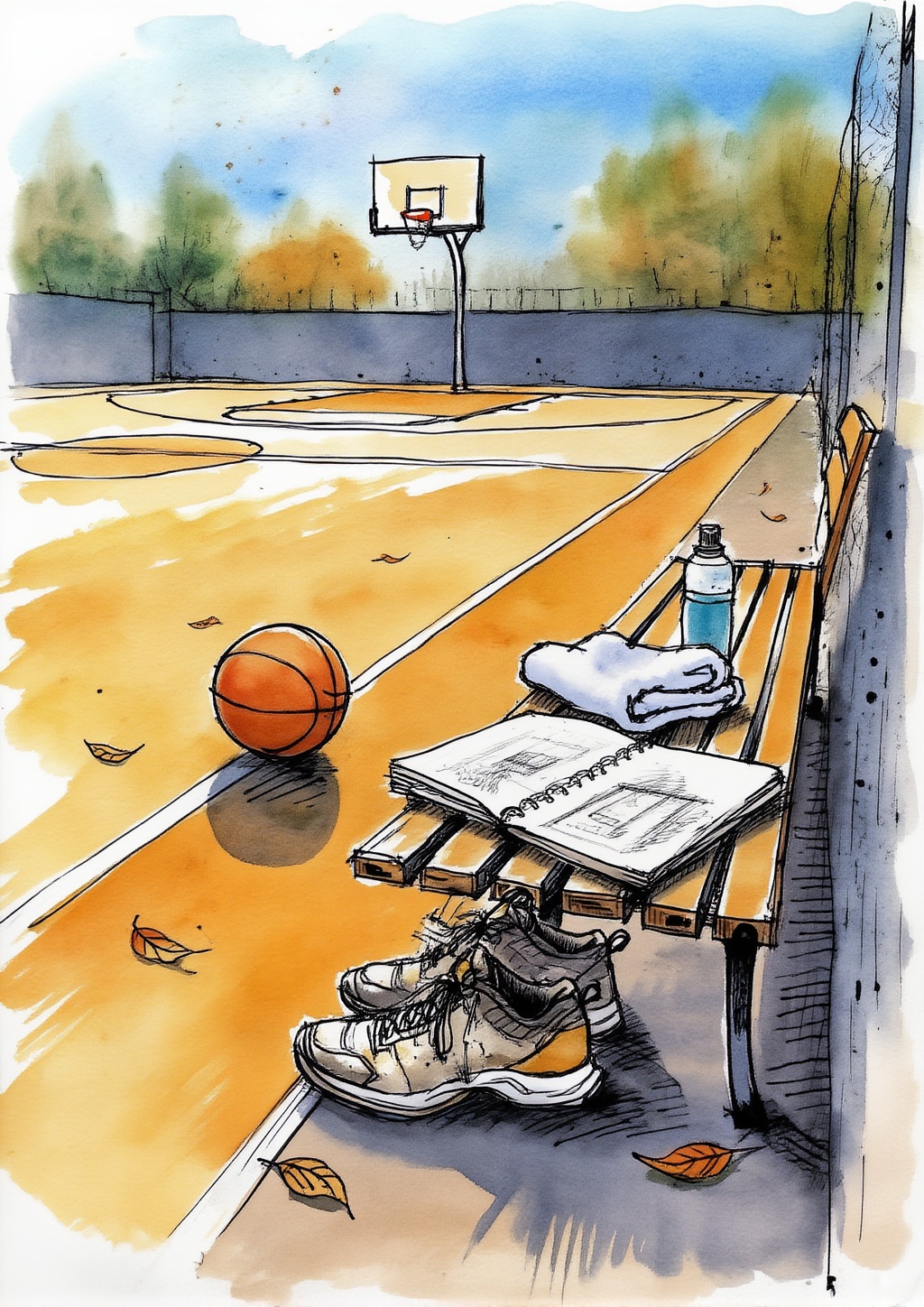 ek_inkart,  ek_inkart_line,  ink and watercolor illustration of a quiet outdoor basketball court in the warm light of late...