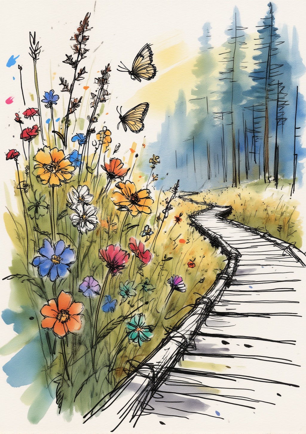 ek_inkart,  ek_inkart_line,  ink and watercolor illustration of a vibrant patch of colorful wildflowers blooming beside a...