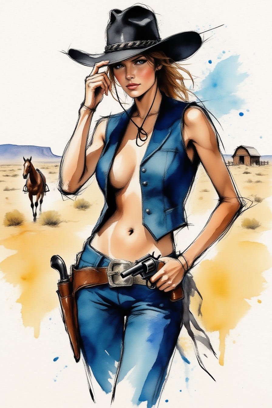 ek_inkart,  ek_inkart_wash,  ink and watercolor illustration of a confident female gunslinger standing in a desert landsca...