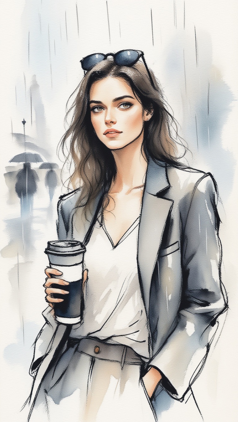 ek_inkart,  ek_inkart_wash,  elegant urban woman upper-body portrait in the rain on Tensor.Art