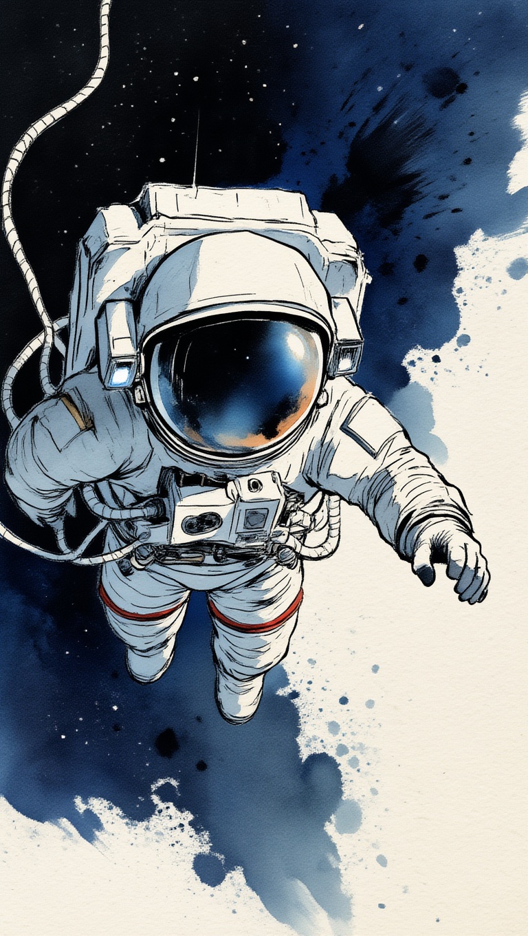 ek_inkart,  ek_inkart_wash,  ink and watercolor illustration of an astronaut in close-up during a spacewalk on Tensor.Art
