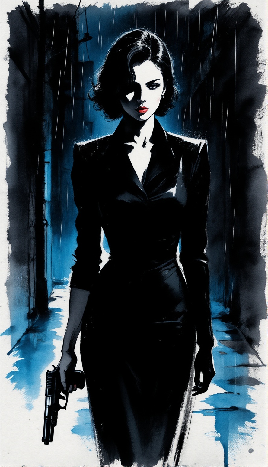 ek_inkart,  ek_inkart_wash,  rough ink and watercolor illustration of a female secret agent holding a sleek black handgun...