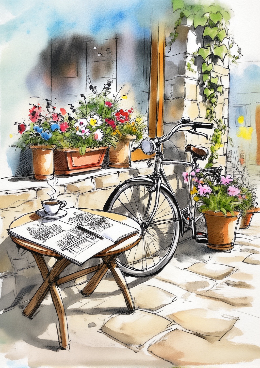ek_inkart,  ek_inkart_line,  ink and watercolor illustration of a charming vintage bicycle leaning against the stone wall...