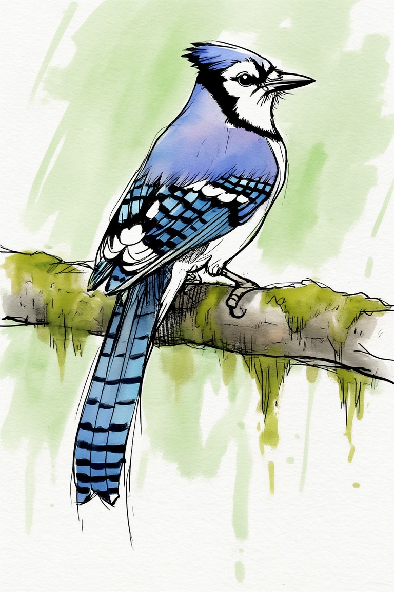 ek_inkart,  ek_inkart_line,  ink and watercolor illustration of a blue jay perched on a weathered moss-covered branch on T...