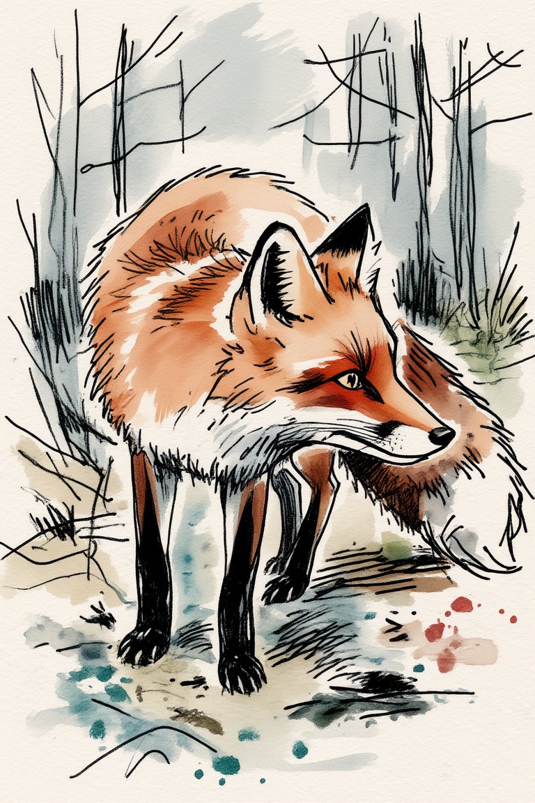 ek_inkart,  ek_inkart_line,  ink and watercolor illustration of a red fox pausing mid-step in a quiet woodland on Tensor.Art