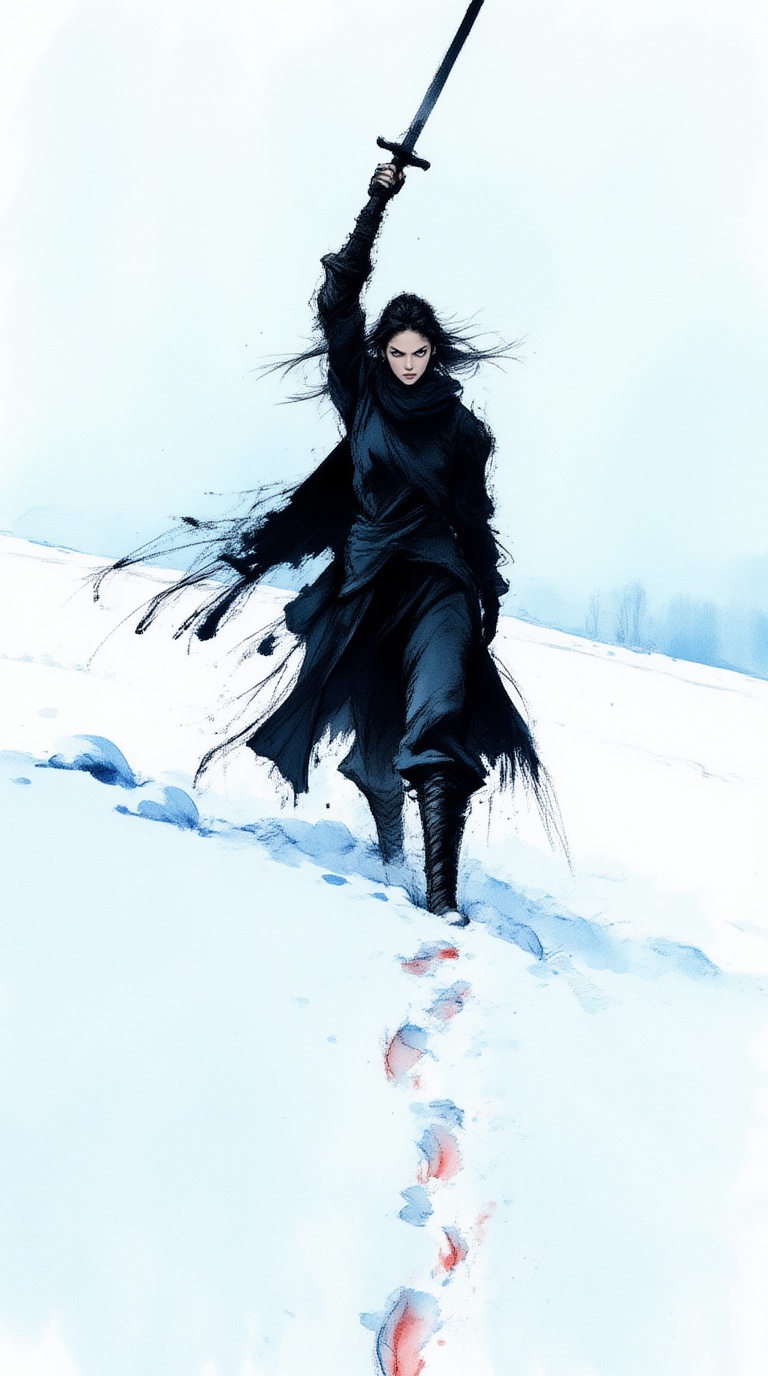 ek_inkart,  ek_inkart_wash,  rough ink and charcoal illustration of a fierce female warrior standing on a vast snowy plain...