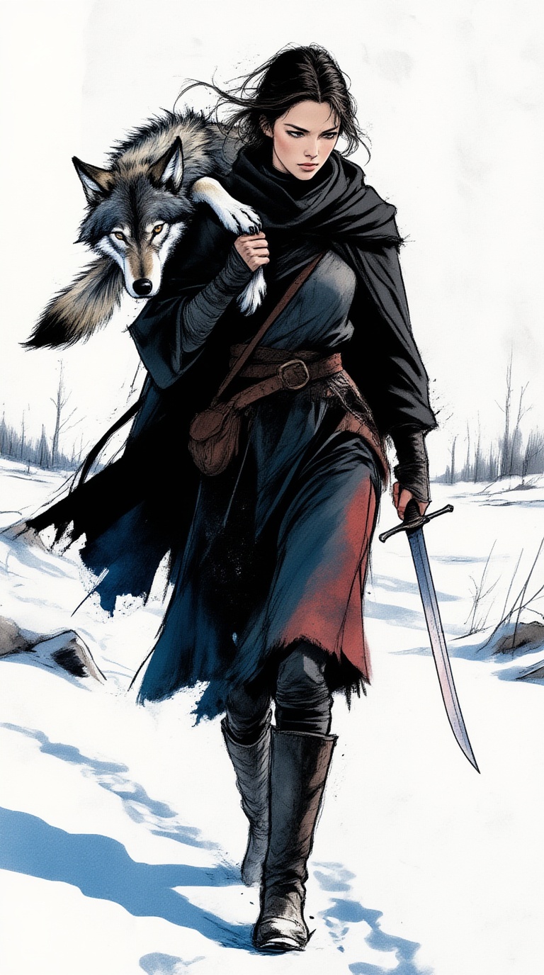 ek_inkart,  ek_inkart_wash,  rough ink and charcoal illustration of a fierce female warrior walking through a snowy wastel...