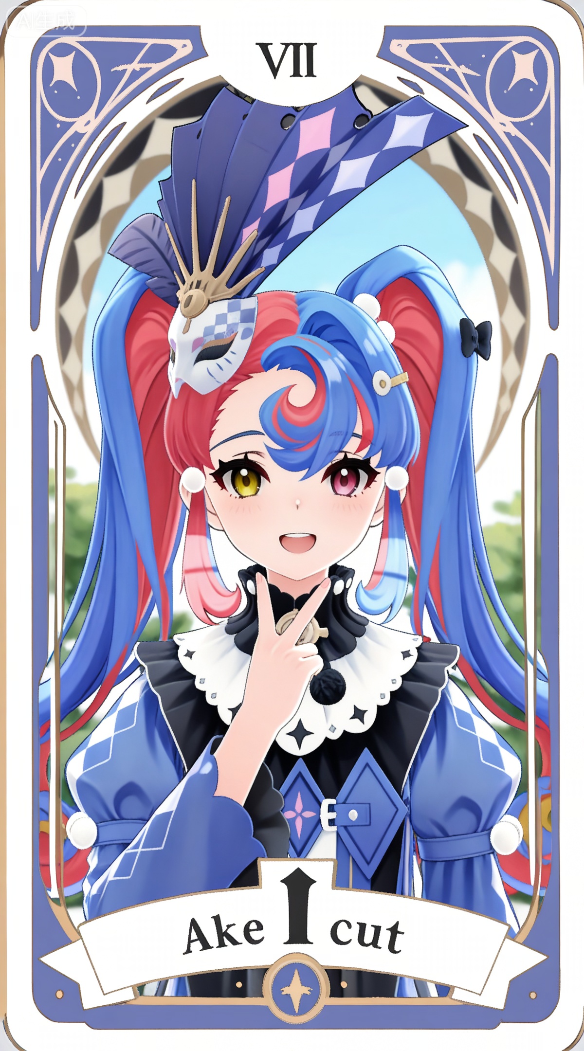 depth of field,masterpiece,best quality,very aesthetic,alternate costume,alternate costume,2024,2023,perfect composition,ultra-detailed,extreme aesthetic,masterpiece,best quality,good quality,newest,year 2024,year 2023,very aesthetic,absurdres,looking_at_viewer,colorful,
,art nouveau,traditional media,flower,xiamu,(tarot (medium):1.2),day,shadow,
heterochromia, pink eyes, yellow eyes, two-tone hair, long hair, red hair, twintails, blue hair, crescent bangs, streaked hair, blue headwear, hair bow, hairclip, luokeke blue and white dress, luokeke fur trim dress, luokeke juliet sleeves, 1girl, solo,v, smile, looking at viewer, open mouth, upper body, white background, :d, simple background