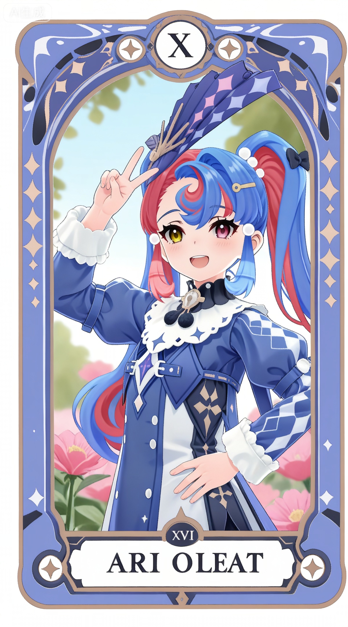 depth of field,masterpiece,best quality,very aesthetic,alternate costume,alternate costume,2024,2023,perfect composition,ultra-detailed,extreme aesthetic,masterpiece,best quality,good quality,newest,year 2024,year 2023,very aesthetic,absurdres,looking_at_viewer,colorful,
,art nouveau,traditional media,flower,xiamu,(tarot (medium):1.2),day,shadow,
heterochromia, pink eyes, yellow eyes, two-tone hair, long hair, red hair, twintails, blue hair, crescent bangs, streaked hair, blue headwear, hair bow, hairclip, luokeke blue and white dress, luokeke fur trim dress, luokeke juliet sleeves, 1girl, solo,v, smile, looking at viewer, open mouth, upper body, white background, :d, simple background