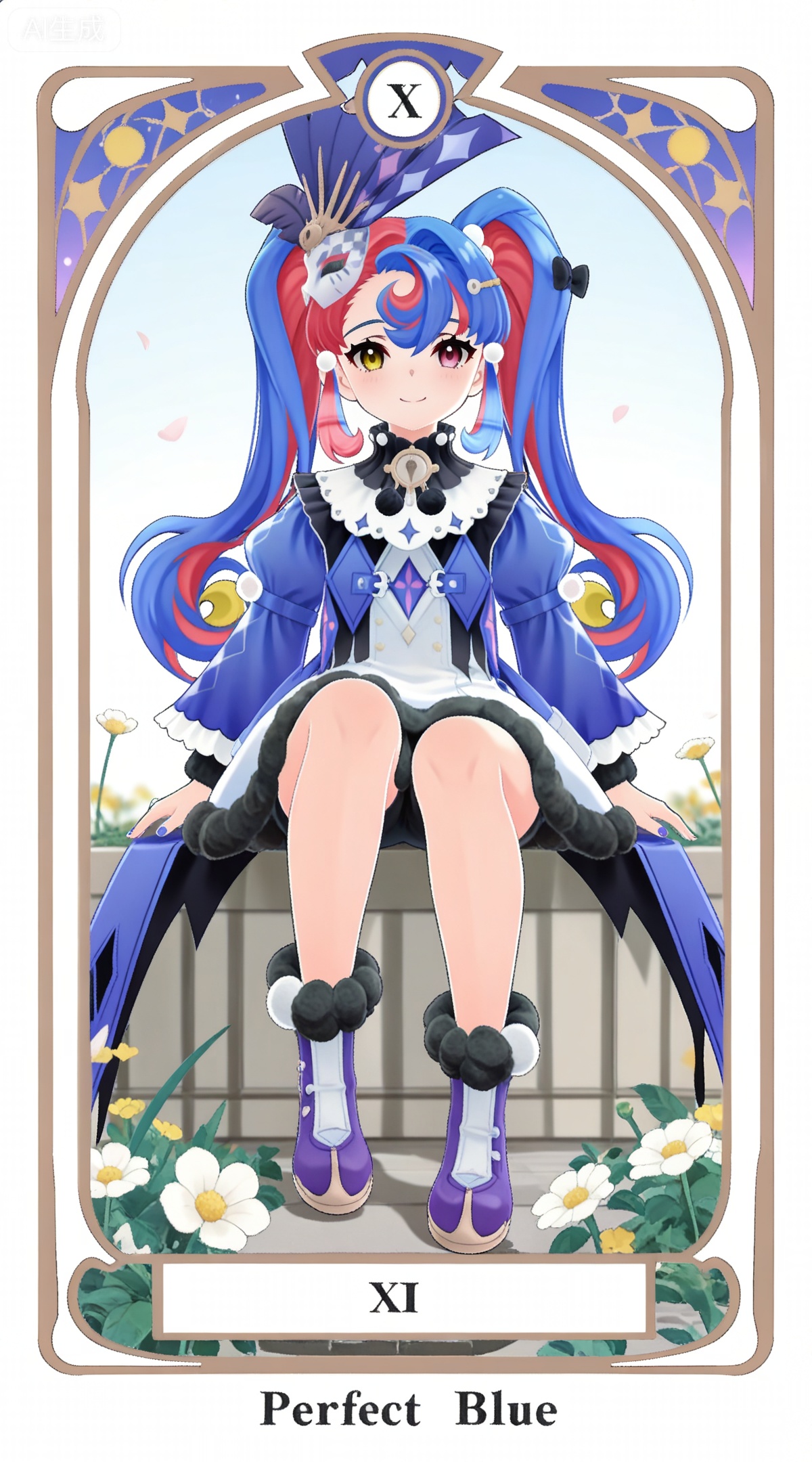 depth of field,masterpiece,best quality,very aesthetic,alternate costume,alternate costume,2024,2023,perfect composition,ultra-detailed,extreme aesthetic,masterpiece,best quality,good quality,newest,year 2024,year 2023,very aesthetic,absurdres,looking_at_viewer,colorful,
,art nouveau,traditional media,flower,xiamu,(tarot (medium):1.2),day,shadow,
heterochromia, pink eyes, yellow eyes, two-tone hair, long hair, red hair, twintails, blue hair, crescent bangs, streaked hair, blue headwear, hair bow, hairclip, luokeke blue and white dress, luokeke fur trim dress, luokeke juliet sleeves, luokeke boots, luokeke fur trim purple footwear, 1girl, solo, full body, white background, simple background, sitting, looking at viewer, smile, closed mouth, jewelry, nail polish