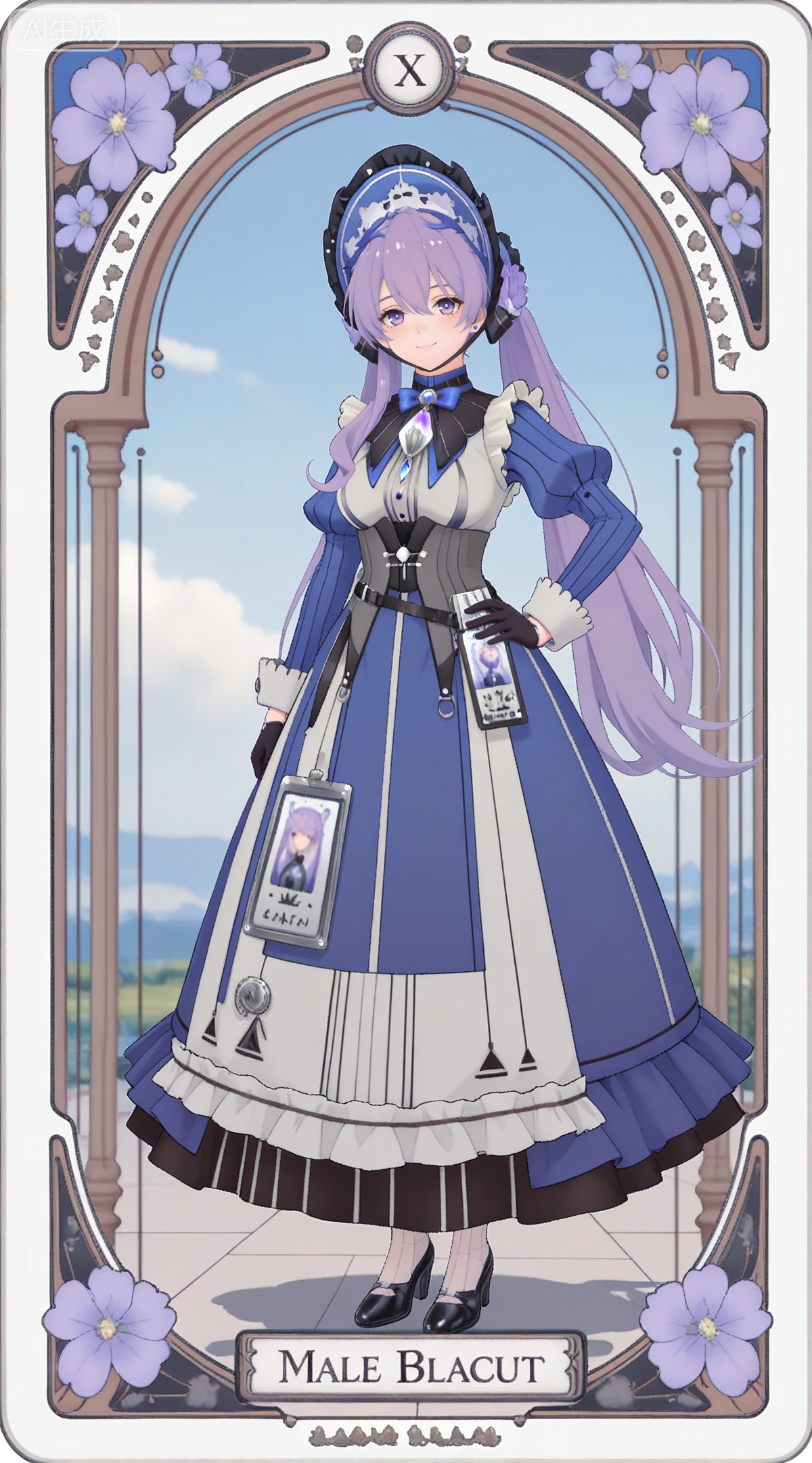 depth of field,masterpiece,best quality,very aesthetic,alternate costume,alternate costume,2024,2023,perfect composition,ultra-detailed,extreme aesthetic,masterpiece,best quality,good quality,newest,year 2024,year 2023,very aesthetic,absurdres,looking_at_viewer,colorful,
,art nouveau,traditional media,flower,xiamu,(tarot (medium):1.2),day,shadow,
purple hair, long hair, twintails, purple eyes, mali bonnet, hair between eyes, blue headwear, mali gem brooch, mali hair flower, mali blue and white dress, mali juliet sleeves, mali bowtie, mali striped clothes, mali frills dress, mali apron, mali corset, mali black gloves, white pantyhose, high heels, 1girl, solo, full body, hand on own hip, looking at viewer, white background, bow, simple background, standing, breasts, closed mouth, transparent background, id card, smile