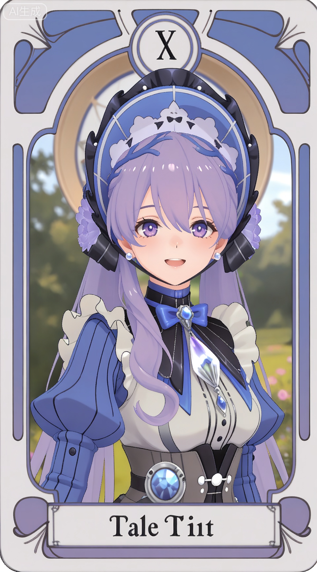 depth of field,masterpiece,best quality,very aesthetic,alternate costume,alternate costume,2024,2023,perfect composition,ultra-detailed,extreme aesthetic,masterpiece,best quality,good quality,newest,year 2024,year 2023,very aesthetic,absurdres,looking_at_viewer,colorful,
,art nouveau,traditional media,flower,xiamu,(tarot (medium):1.2),day,shadow,
purple hair, long hair, twintails, purple eyes, mali bonnet, hair between eyes, blue headwear, mali gem brooch, mali hair flower, mali blue and white dress, mali juliet sleeves, mali bowtie, mali striped clothes, mali frills dress, mali apron, mali corset, 1girl, solo, looking at viewer, v,jewelry, breasts, open mouth, smile, earrings, bow, white background, upper body