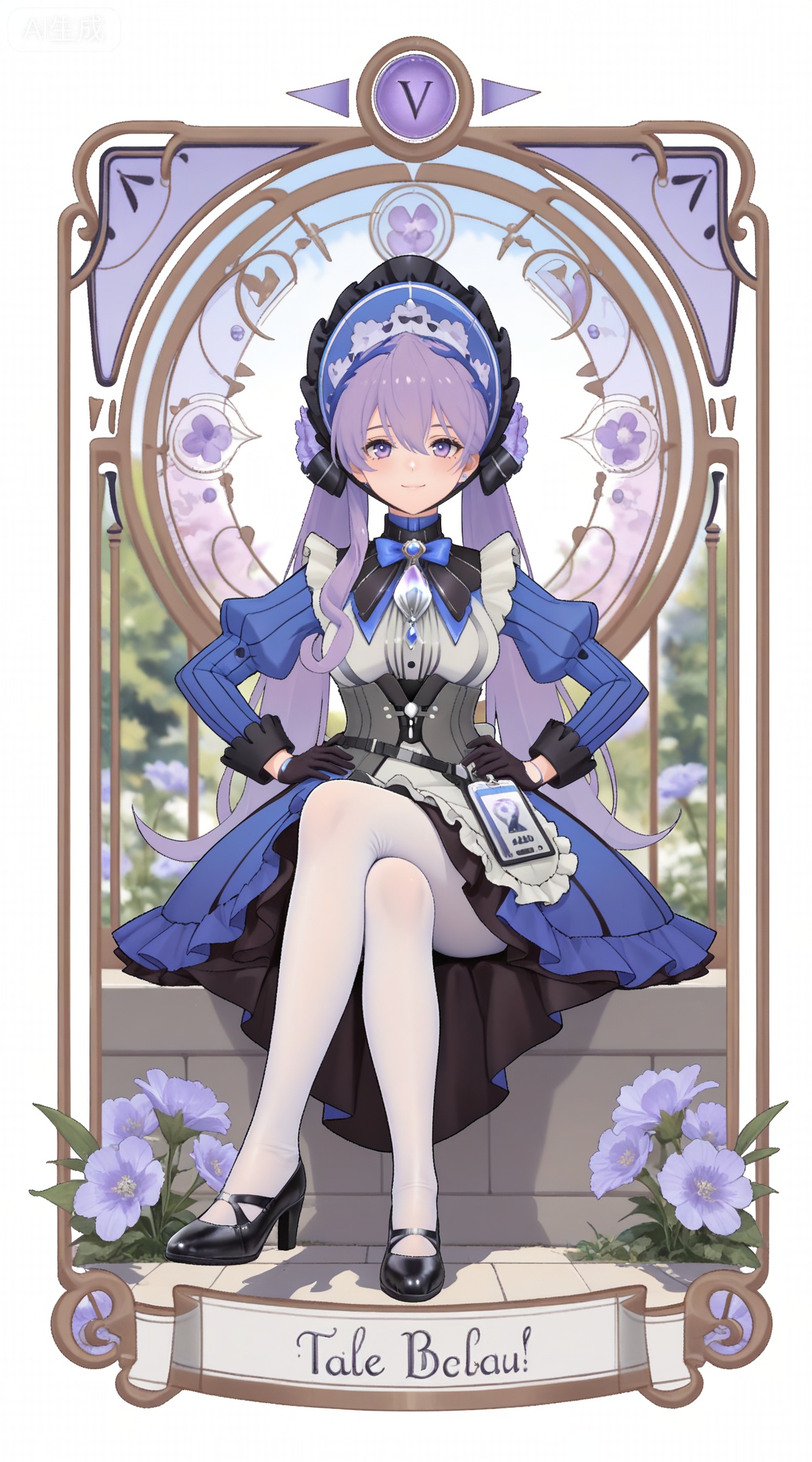 depth of field,masterpiece,best quality,very aesthetic,alternate costume,alternate costume,2024,2023,perfect composition,ultra-detailed,extreme aesthetic,masterpiece,best quality,good quality,newest,year 2024,year 2023,very aesthetic,absurdres,looking_at_viewer,colorful,
,art nouveau,traditional media,flower,xiamu,(tarot (medium):1.2),day,shadow,
purple hair, long hair, twintails, purple eyes, mali bonnet, hair between eyes, blue headwear, mali gem brooch, mali hair flower, mali blue and white dress, mali juliet sleeves, mali bowtie, mali striped clothes, mali frills dress, mali apron, mali corset, mali black gloves, white pantyhose, high heels, 1girl, solo, full body, hand on own hip, looking at viewer, white background, bow, simple background, sitting, breasts, closed mouth, transparent background, id card, smile