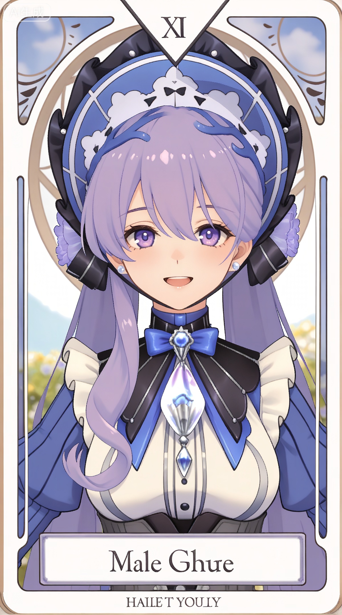 depth of field,masterpiece,best quality,very aesthetic,alternate costume,alternate costume,2024,2023,perfect composition,ultra-detailed,extreme aesthetic,masterpiece,best quality,good quality,newest,year 2024,year 2023,very aesthetic,absurdres,looking_at_viewer,colorful,
,art nouveau,traditional media,flower,xiamu,(tarot (medium):1.2),day,shadow,
purple hair, long hair, twintails, purple eyes, mali bonnet, hair between eyes, blue headwear, mali gem brooch, mali hair flower, mali blue and white dress, mali juliet sleeves, mali bowtie, mali striped clothes, mali frills dress, mali apron, mali corset, 1girl, solo, looking at viewer, jewelry, breasts, open mouth, smile, earrings, bow, white background, upper body