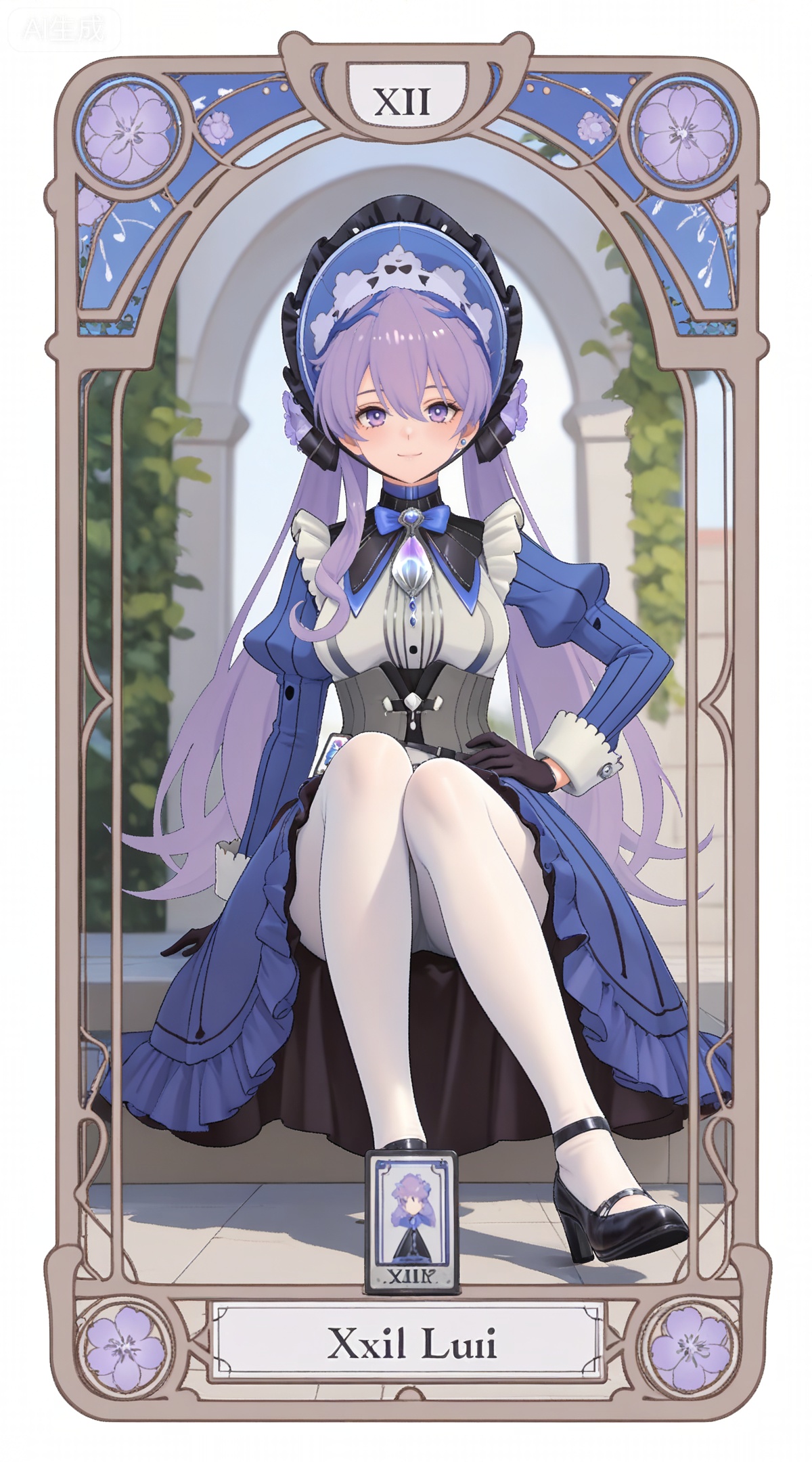 depth of field,masterpiece,best quality,very aesthetic,alternate costume,alternate costume,2024,2023,perfect composition,ultra-detailed,extreme aesthetic,masterpiece,best quality,good quality,newest,year 2024,year 2023,very aesthetic,absurdres,looking_at_viewer,colorful,
,art nouveau,traditional media,flower,xiamu,(tarot (medium):1.2),day,shadow,
purple hair, long hair, twintails, purple eyes, mali bonnet, hair between eyes, blue headwear, mali gem brooch, mali hair flower, mali blue and white dress, mali juliet sleeves, mali bowtie, mali striped clothes, mali frills dress, mali apron, mali corset, mali black gloves, white pantyhose, high heels, 1girl, solo, full body, hand on own hip, looking at viewer, white background, bow, simple background, sitting, breasts, closed mouth, transparent background, id card, smile