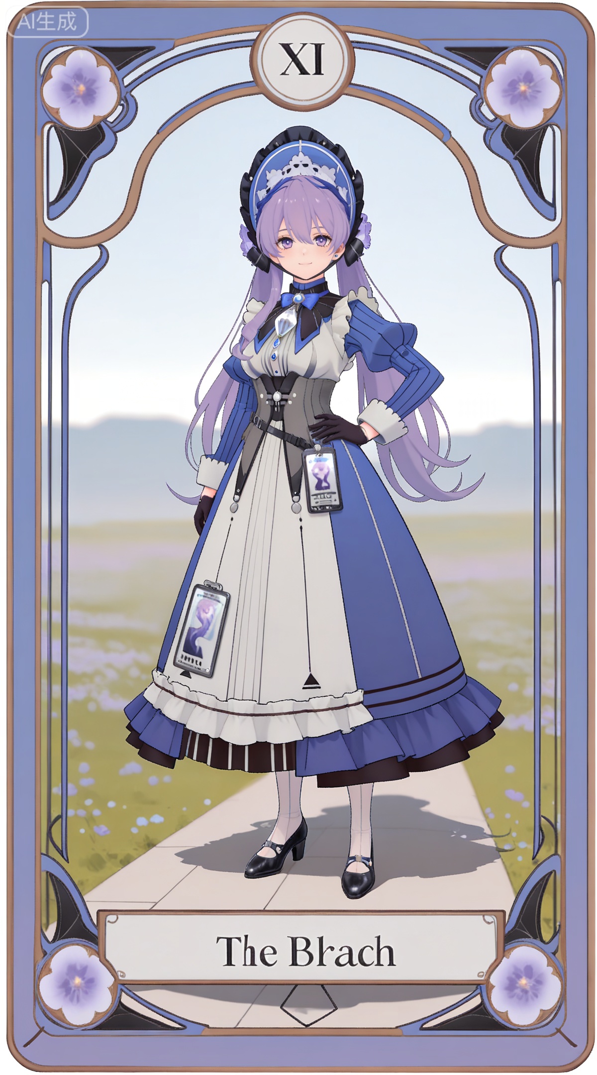 depth of field,masterpiece,best quality,very aesthetic,alternate costume,alternate costume,2024,2023,perfect composition,ultra-detailed,extreme aesthetic,masterpiece,best quality,good quality,newest,year 2024,year 2023,very aesthetic,absurdres,looking_at_viewer,colorful,
,art nouveau,traditional media,flower,xiamu,(tarot (medium):1.2),day,shadow,
purple hair, long hair, twintails, purple eyes, mali bonnet, hair between eyes, blue headwear, mali gem brooch, mali hair flower, mali blue and white dress, mali juliet sleeves, mali bowtie, mali striped clothes, mali frills dress, mali apron, mali corset, mali black gloves, white pantyhose, high heels, 1girl, solo, full body, hand on own hip, looking at viewer, white background, bow, simple background, standing, breasts, closed mouth, transparent background, id card, smile