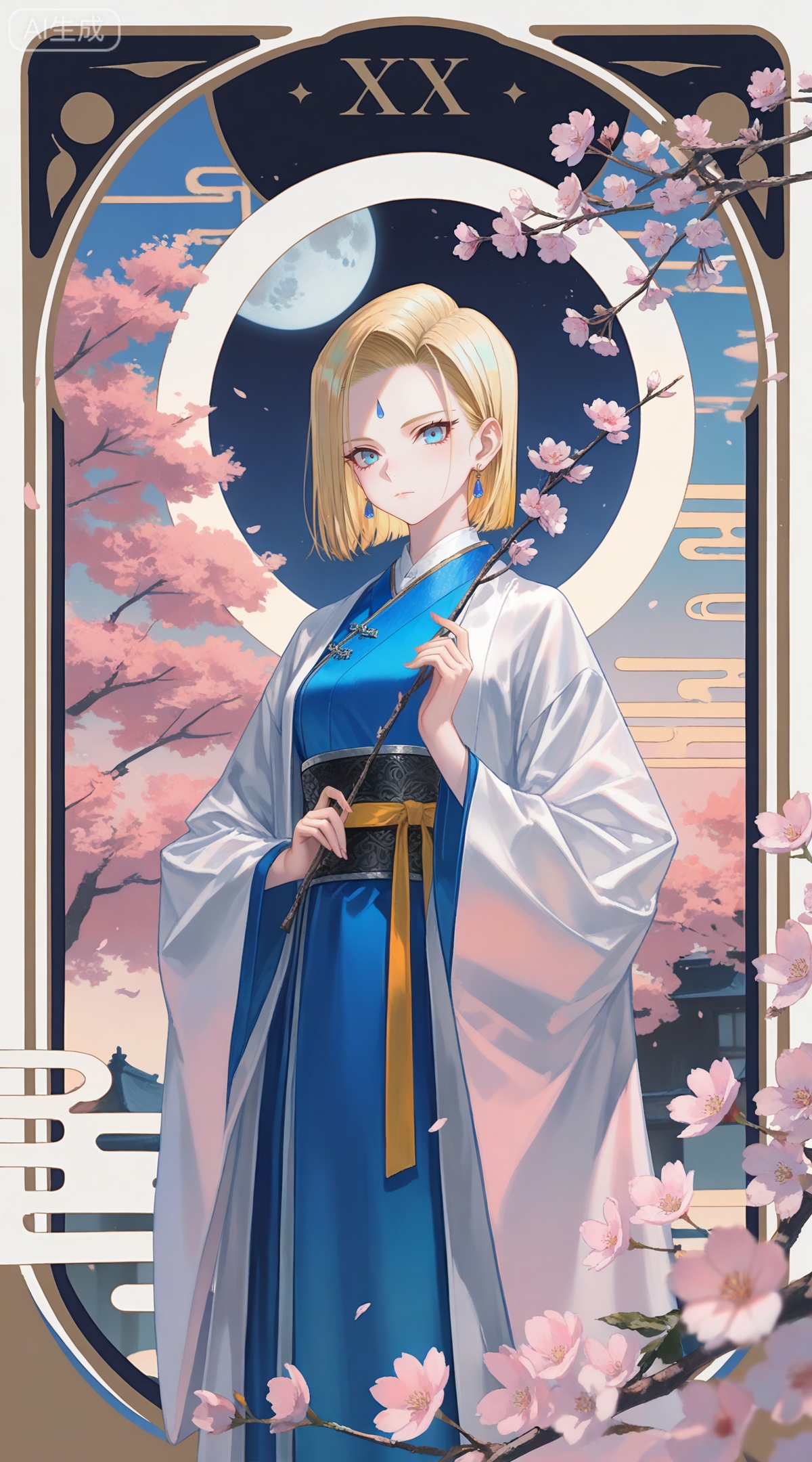 depth of field,masterpiece,best quality,very aesthetic,alternate costume,alternate costume,2024,2023,perfect composition,ultra-detailed,extreme aesthetic,masterpiece,best quality,good quality,newest,year 2024,year 2023,very aesthetic,absurdres,looking_at_viewer,colorful,
,art nouveau,traditional media,flower,xiamu,(tarot (medium):1.2),day,shadow,
android 18, blonde hair, short hair, blue eyes, 1girl, solo, branch, jewelry, earrings, holding, moon, holding branch, looking at viewer, sash, cherry blossoms, wide sleeves, long sleeves, forehead mark, closed mouth, japanese clothes, full moon, kimono, flower, forehead jewel, pink flower, facial mark, parted bangs, egasumi, petals, chinese clothes, standing