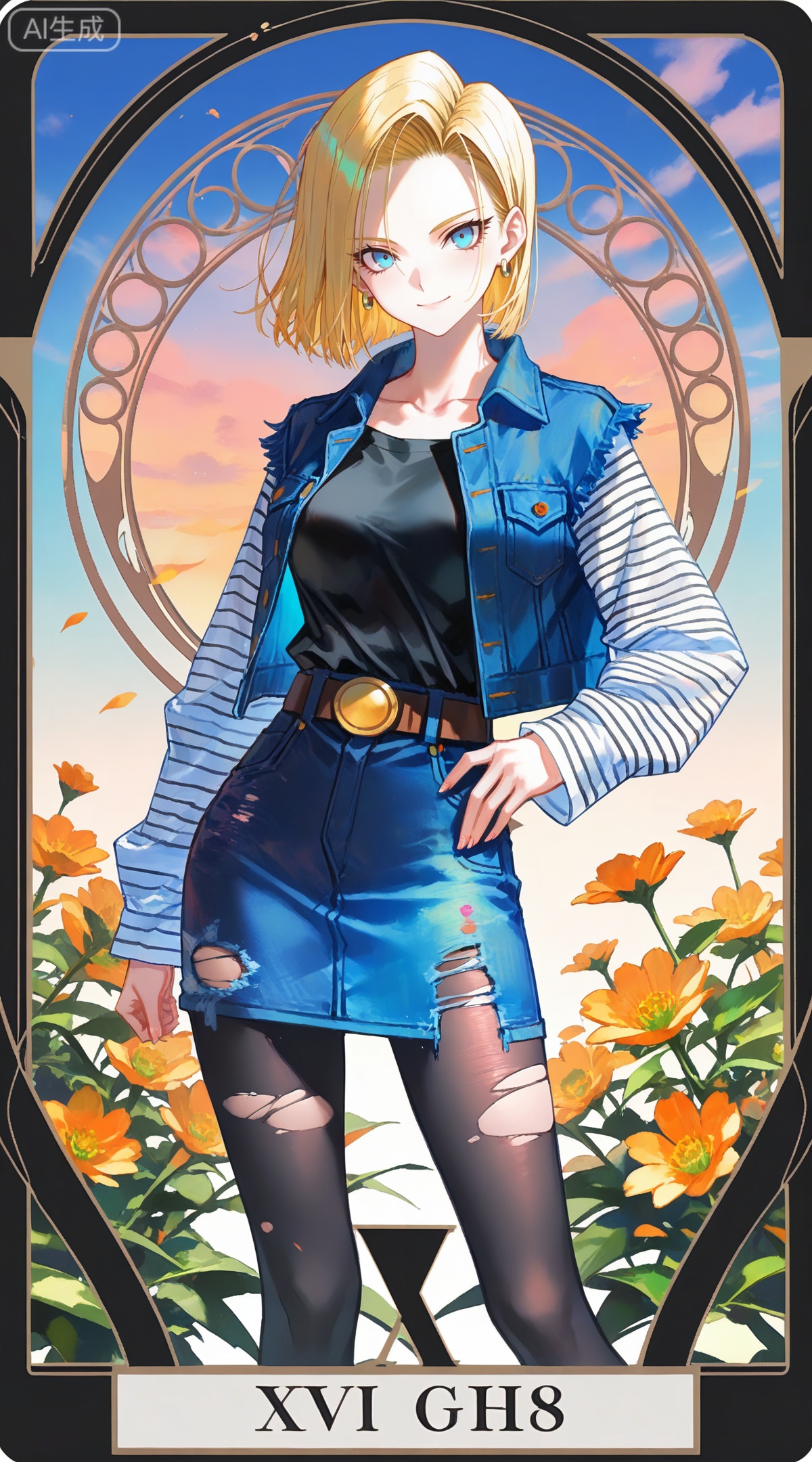 depth of field,masterpiece,best quality,very aesthetic,alternate costume,alternate costume,2024,2023,perfect composition,ultra-detailed,extreme aesthetic,masterpiece,best quality,good quality,newest,year 2024,year 2023,very aesthetic,absurdres,looking_at_viewer,colorful,
,art nouveau,traditional media,flower,xiamu,(tarot (medium):1.2),day,shadow,
android 18, blonde hair, short hair, blue eyes, 1girl, solo, torn clothes, denim, pantyhose, skirt, denim skirt, jewelry, earrings, jacket, torn pantyhose, denim jacket, belt, smile, looking at viewer, striped sleeves, shirt, long sleeves, black pantyhose, breasts, black shirt, torn sleeves, collarbone, blue skirt, blue jacket, standing, medium breasts