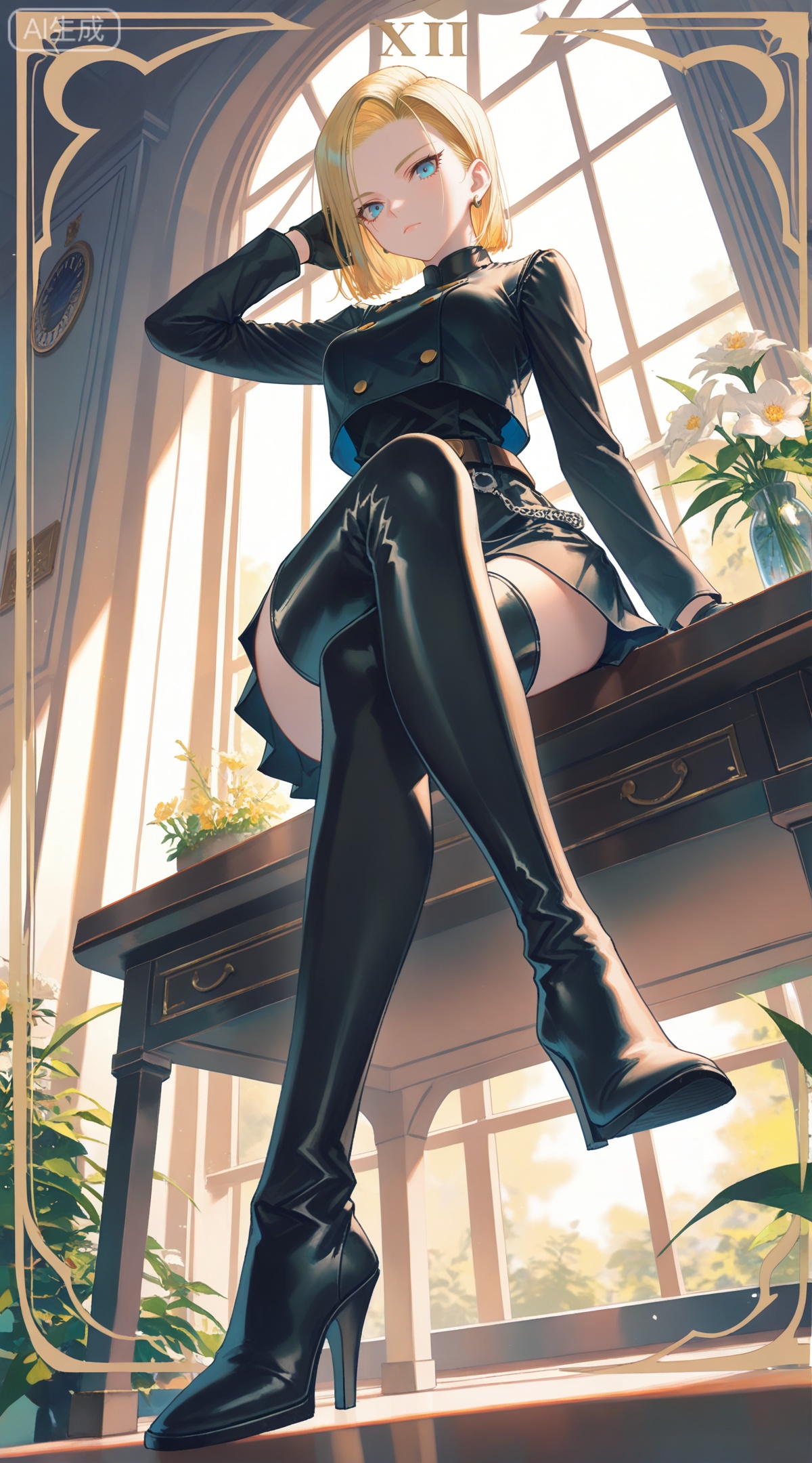 depth of field,masterpiece,best quality,very aesthetic,alternate costume,alternate costume,2024,2023,perfect composition,ultra-detailed,extreme aesthetic,masterpiece,best quality,good quality,newest,year 2024,year 2023,very aesthetic,absurdres,looking_at_viewer,colorful,
,art nouveau,traditional media,flower,xiamu,(tarot (medium):1.2),day,shadow,
android 18, blonde hair, short hair, blue eyes, 1girl, solo, gloves, boots, skirt, black gloves, sitting, from below, crossed legs, high heels, indoors, thigh boots, looking at viewer, belt, thighhighs, long sleeves, breasts, high heel boots, shirt, vest, sunlight, window, desk, black footwear, black skirt, medium breasts, on desk, closed mouth, hand up, black vest, black shirt, sitting on desk, backlighting, full body, black thighhighs, earrings, miniskirt