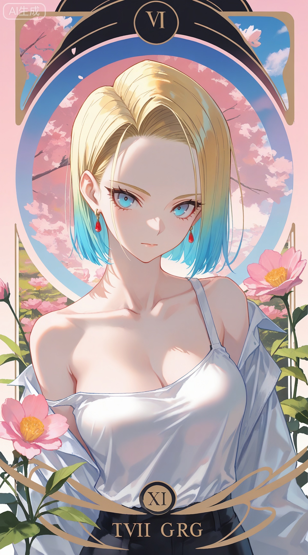 depth of field,masterpiece,best quality,very aesthetic,alternate costume,alternate costume,2024,2023,perfect composition,ultra-detailed,extreme aesthetic,masterpiece,best quality,good quality,newest,year 2024,year 2023,very aesthetic,absurdres,looking_at_viewer,colorful,
,art nouveau,traditional media,flower,xiamu,(tarot (medium):1.2),day,shadow,
android 18, blonde hair, short hair, blue eyes, 1girl, breasts, solo, jewelry, earrings, cleavage, looking at viewer, collarbone, upper body, pink background, off shoulder, shirt, medium breasts, closed mouth, blue hair, multicolored hair, bare shoulders, gradient background, forehead, strap slip, eyelashes, white shirt, **** top, gradient hair