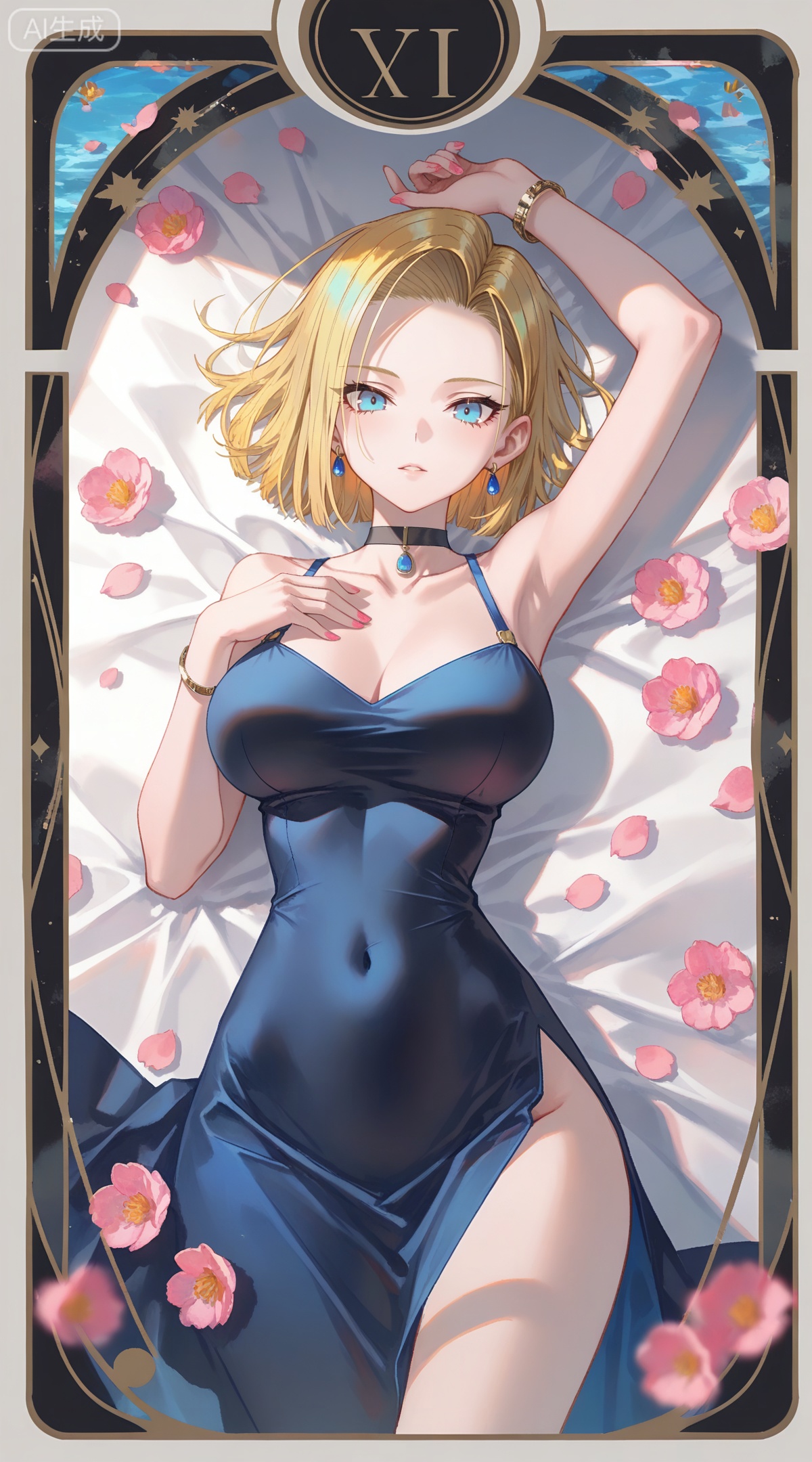 depth of field,masterpiece,best quality,very aesthetic,alternate costume,alternate costume,2024,2023,perfect composition,ultra-detailed,extreme aesthetic,masterpiece,best quality,good quality,newest,year 2024,year 2023,very aesthetic,absurdres,looking_at_viewer,colorful,
,art nouveau,traditional media,flower,xiamu,(tarot (medium):1.2),day,shadow,
android 18, blonde hair, short hair, blue eyes, 1girl, breasts, solo, jewelry, dress, bracelet, earrings, lying, flower, looking at viewer, armpits, on back, covered navel, large breasts, blue dress, choker, parted lips, collarbone, cleavage, sleeveless, nail polish, side slit, thighs, sleeveless dress, petals, bare shoulders, black dress, black choker, arm up, bed sheet, pink flower, forehead, pink nails