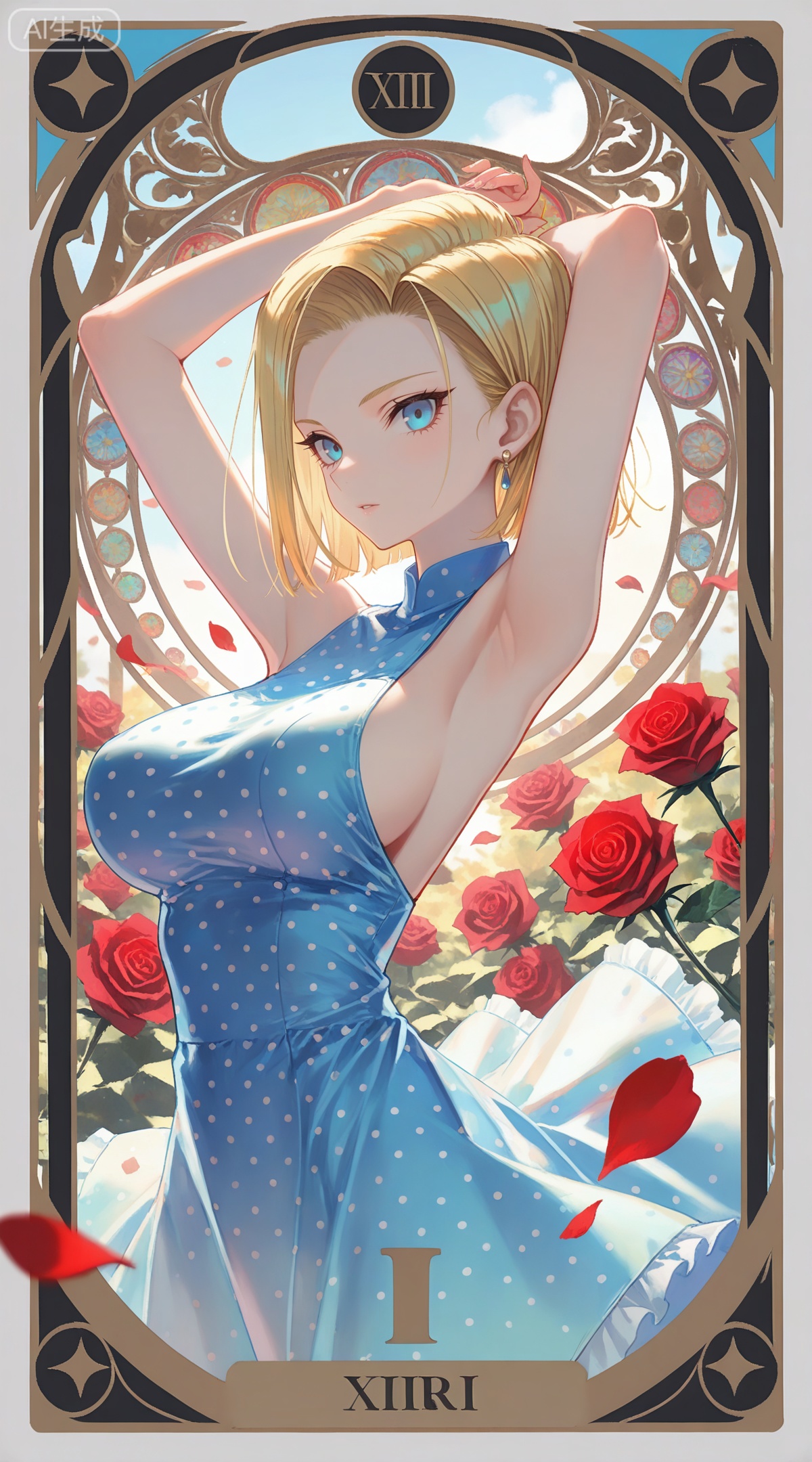 depth of field,masterpiece,best quality,very aesthetic,alternate costume,alternate costume,2024,2023,perfect composition,ultra-detailed,extreme aesthetic,masterpiece,best quality,good quality,newest,year 2024,year 2023,very aesthetic,absurdres,looking_at_viewer,colorful,
,art nouveau,traditional media,flower,xiamu,(tarot (medium):1.2),day,shadow,
android 18, blonde hair, short hair, blue eyes, 
1girl, breasts, solo, polka dot, flower, dress, rose, polka dot dress, large breasts, red flower, armpits, petals, red rose, arms up, sideboob, sleeveless, frills, rose petals,