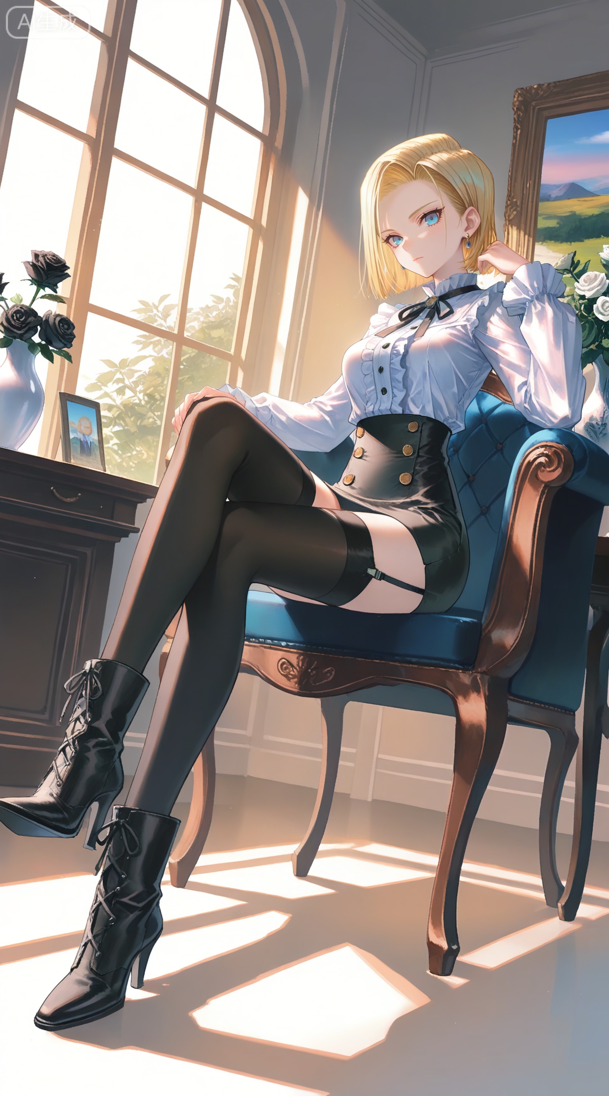 depth of field,masterpiece,best quality,very aesthetic,alternate costume,alternate costume,2024,2023,perfect composition,ultra-detailed,extreme aesthetic,masterpiece,best quality,good quality,newest,year 2024,year 2023,very aesthetic,absurdres,looking_at_viewer,colorful,
,art nouveau,traditional media,flower,xiamu,(tarot (medium):1.2),day,shadow,
android 18, blonde hair, short hair, blue eyes, 1girl, solo, sitting, flower, thighhighs, shirt, indoors, high heels, rose, window, white shirt, looking at viewer, boots, black footwear, garter straps, jewelry, earrings, long sleeves, crossed legs, frills, chair, breasts, black thighhighs, skirt, black ribbon, frilled shirt, black flower, high heel boots, ribbon, picture frame, vase, full body, neck ribbon, sunlight, buttons, black rose, medium breasts, black skirt, white rose, white flower, frilled sleeves, shadow, pencil skirt, center frills, closed mouth, high-waist skirt, painting \(object\), miniskirt