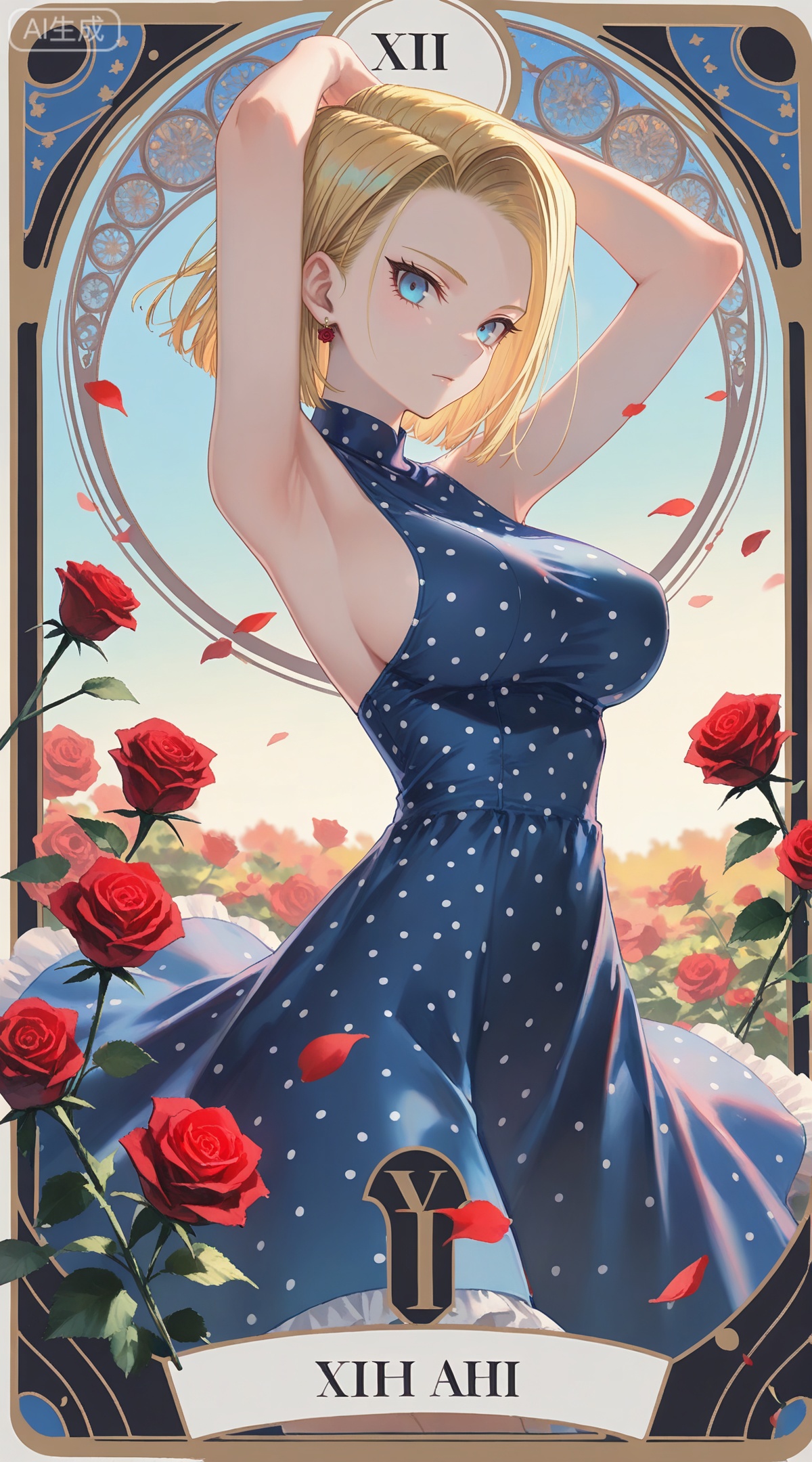 depth of field,masterpiece,best quality,very aesthetic,alternate costume,alternate costume,2024,2023,perfect composition,ultra-detailed,extreme aesthetic,masterpiece,best quality,good quality,newest,year 2024,year 2023,very aesthetic,absurdres,looking_at_viewer,colorful,
,art nouveau,traditional media,flower,xiamu,(tarot (medium):1.2),day,shadow,
android 18, blonde hair, short hair, blue eyes, 
1girl, breasts, solo, polka dot, flower, dress, rose, polka dot dress, large breasts, red flower, armpits, petals, red rose, arms up, sideboob, sleeveless, frills, rose petals,