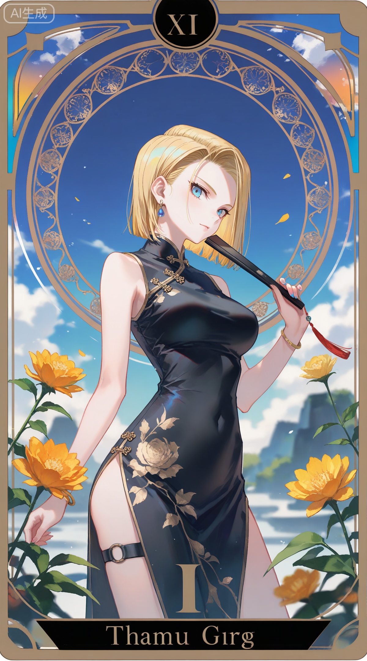 depth of field,masterpiece,best quality,very aesthetic,alternate costume,alternate costume,2024,2023,perfect composition,ultra-detailed,extreme aesthetic,masterpiece,best quality,good quality,newest,year 2024,year 2023,very aesthetic,absurdres,looking_at_viewer,colorful,
,art nouveau,traditional media,flower,xiamu,(tarot (medium):1.2),day,shadow,
android 18, blonde hair, short hair, blue eyes, 
1girl,dress,hand fan,holding,solo,earrings,jewelry,chinese clothes,china dress,black dress,holding fan,floral print,blurry,sleeveless,looking at viewer,sleeveless dress,folding fan,standing,head tilt,2,