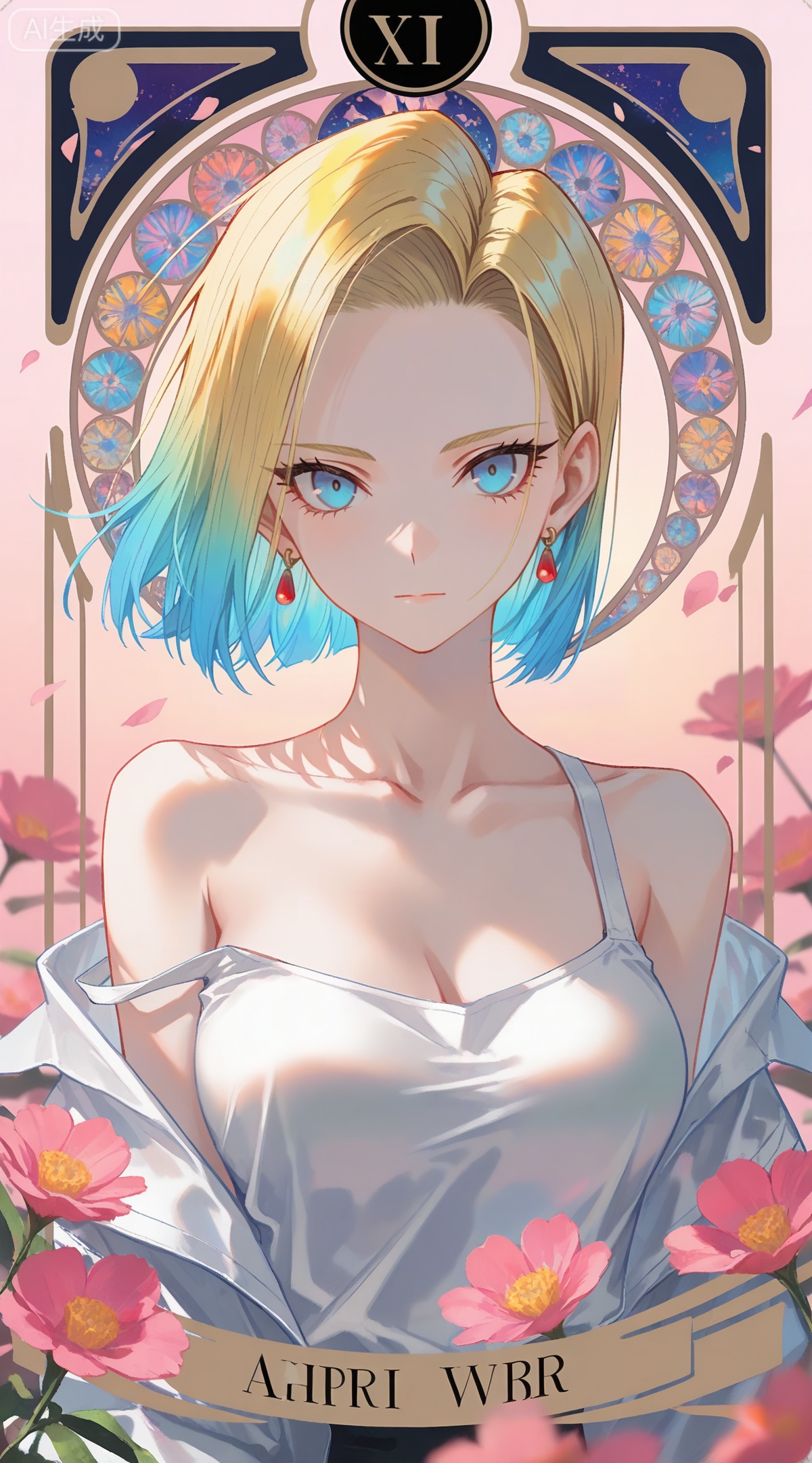 depth of field,masterpiece,best quality,very aesthetic,alternate costume,alternate costume,2024,2023,perfect composition,ultra-detailed,extreme aesthetic,masterpiece,best quality,good quality,newest,year 2024,year 2023,very aesthetic,absurdres,looking_at_viewer,colorful,
,art nouveau,traditional media,flower,xiamu,(tarot (medium):1.2),day,shadow,
android 18, blonde hair, short hair, blue eyes, 1girl, breasts, solo, jewelry, earrings, cleavage, looking at viewer, collarbone, upper body, pink background, off shoulder, shirt, medium breasts, closed mouth, blue hair, multicolored hair, bare shoulders, gradient background, forehead, strap slip, eyelashes, white shirt, **** top, gradient hair