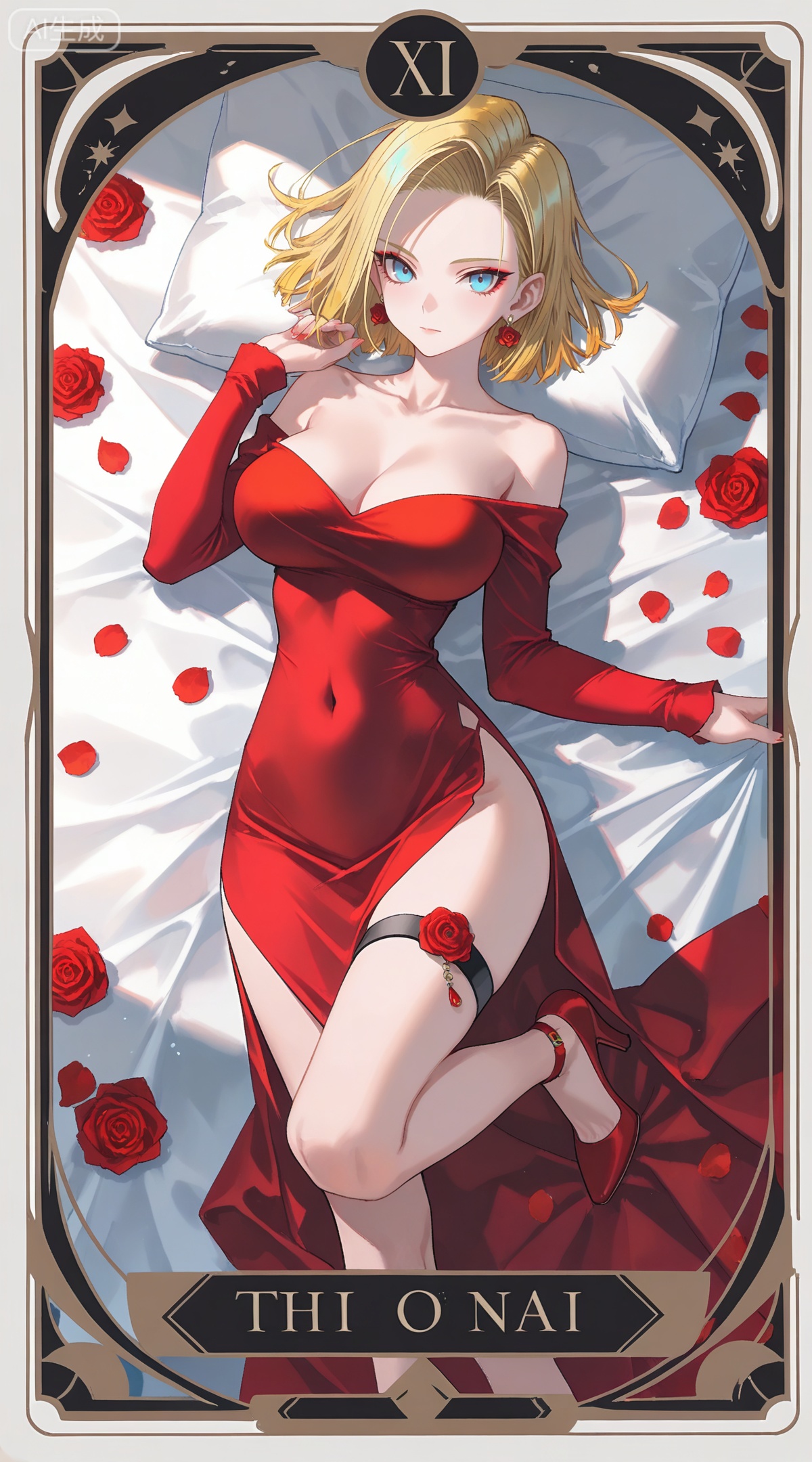 depth of field,masterpiece,best quality,very aesthetic,alternate costume,alternate costume,2024,2023,perfect composition,ultra-detailed,extreme aesthetic,masterpiece,best quality,good quality,newest,year 2024,year 2023,very aesthetic,absurdres,looking_at_viewer,colorful,
,art nouveau,traditional media,flower,xiamu,(tarot (medium):1.2),day,shadow,
android 18, blonde hair, short hair, blue eyes, 1girl, breasts, dress, solo, red dress, high heels, cleavage, rose, flower, jewelry, earrings, looking at viewer, red footwear, bare shoulders, off shoulder, red flower, pillow, collarbone, petals, lying, red rose, covered navel, off-shoulder dress, side slit, large breasts, long sleeves, closed mouth, from above, makeup, on bed, copyright name, strapless, rose petals, bed sheet, thigh strap