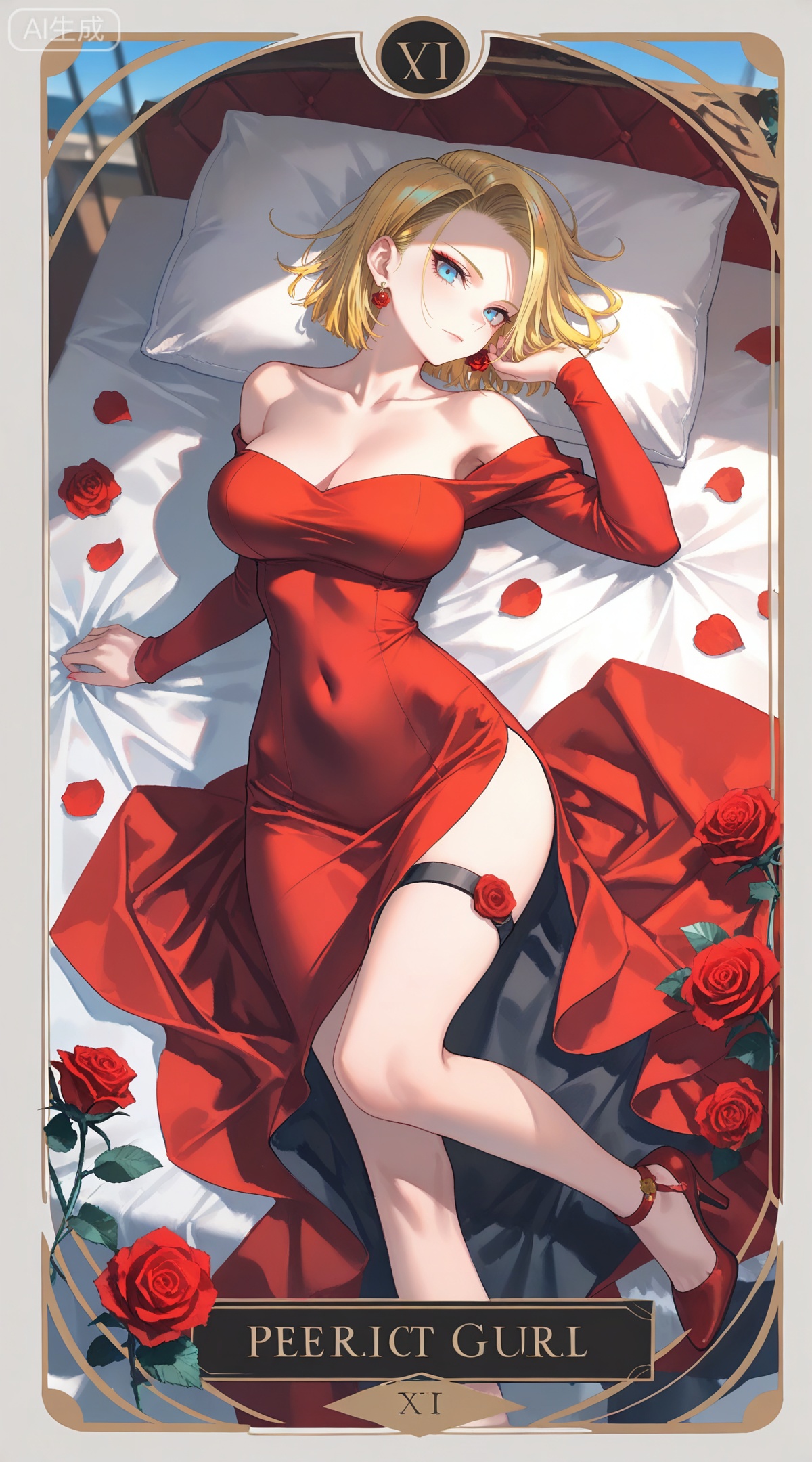 depth of field,masterpiece,best quality,very aesthetic,alternate costume,alternate costume,2024,2023,perfect composition,ultra-detailed,extreme aesthetic,masterpiece,best quality,good quality,newest,year 2024,year 2023,very aesthetic,absurdres,looking_at_viewer,colorful,
,art nouveau,traditional media,flower,xiamu,(tarot (medium):1.2),day,shadow,
android 18, blonde hair, short hair, blue eyes, 1girl, breasts, dress, solo, red dress, high heels, cleavage, rose, flower, jewelry, earrings, looking at viewer, red footwear, bare shoulders, off shoulder, red flower, pillow, collarbone, petals, lying, red rose, covered navel, off-shoulder dress, side slit, large breasts, long sleeves, closed mouth, from above, makeup, on bed, copyright name, strapless, rose petals, bed sheet, thigh strap